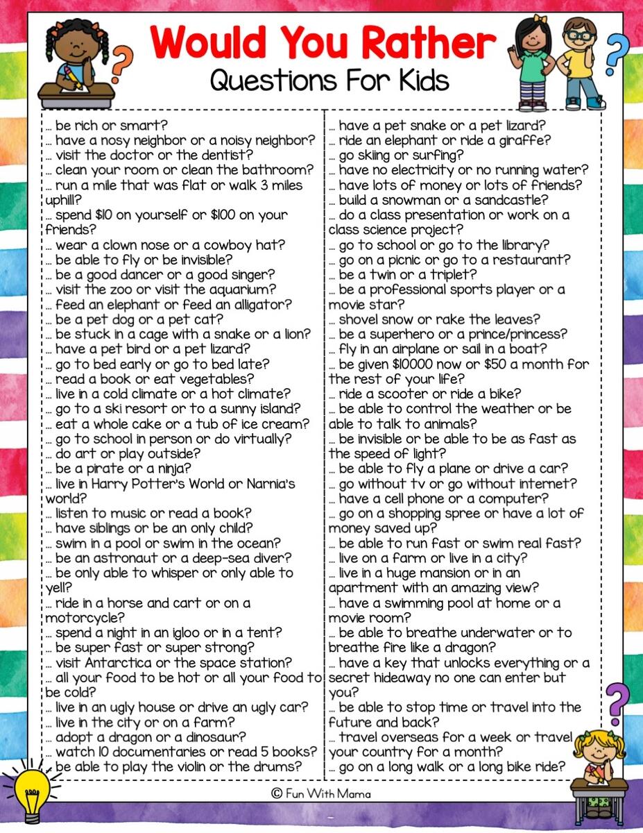 150 Would You Rather Questions For Kids FREE Printables