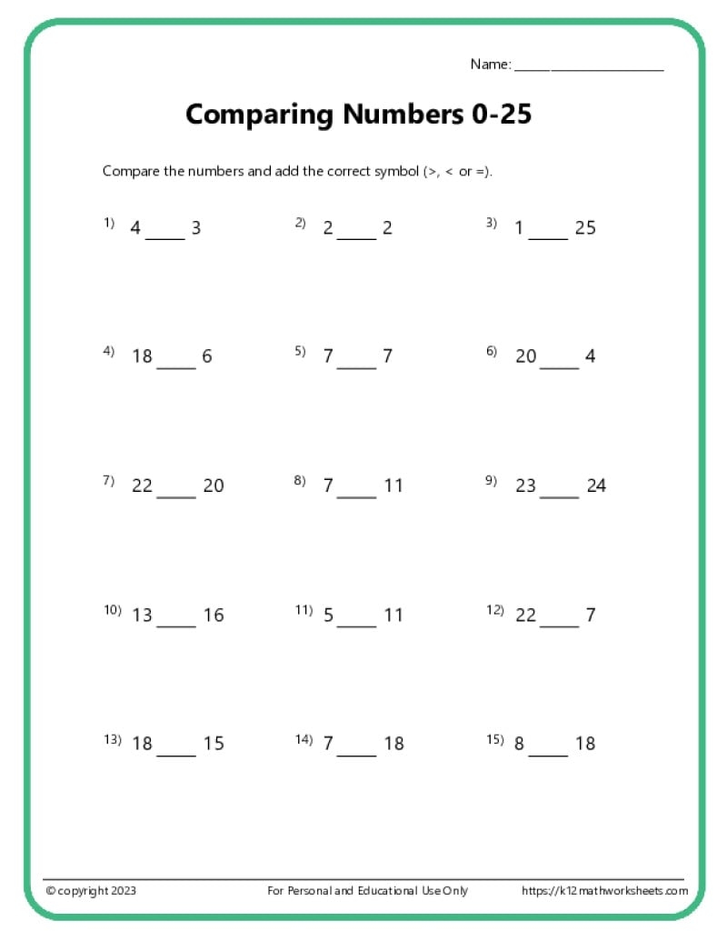 1st Grade Comparing And Ordering Worksheets