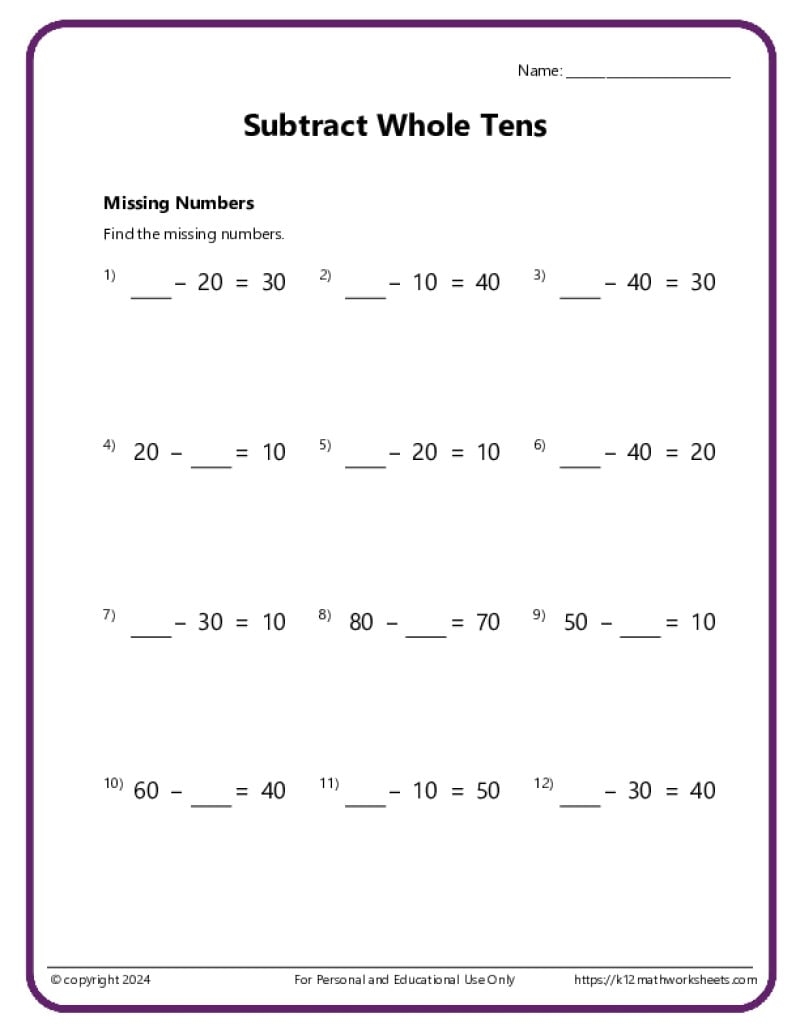 3 Digit Subtraction Missing Numbers Worksheets Find The Minuend Subtrahend Or Difference Math Teaching Resources