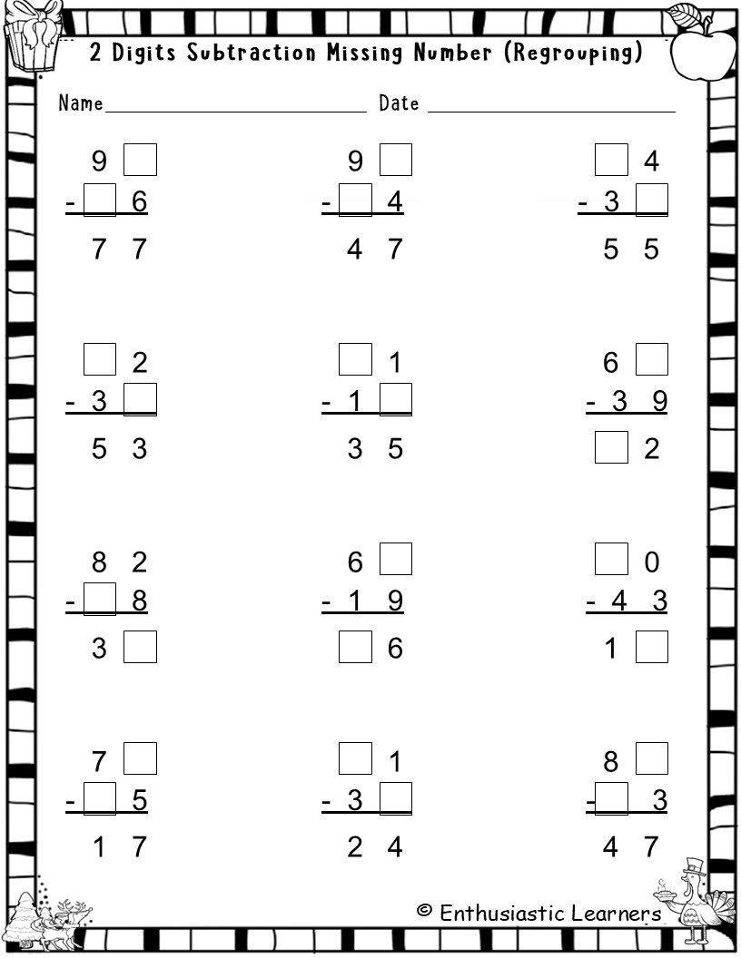 2 Digit Subtraction With Borrowing Missing Numbers Worksheets Missing Minuend Subtrahend Or Diff Teaching Resources Best Grade 2 Subtraction Worksheets Little Sprout Art