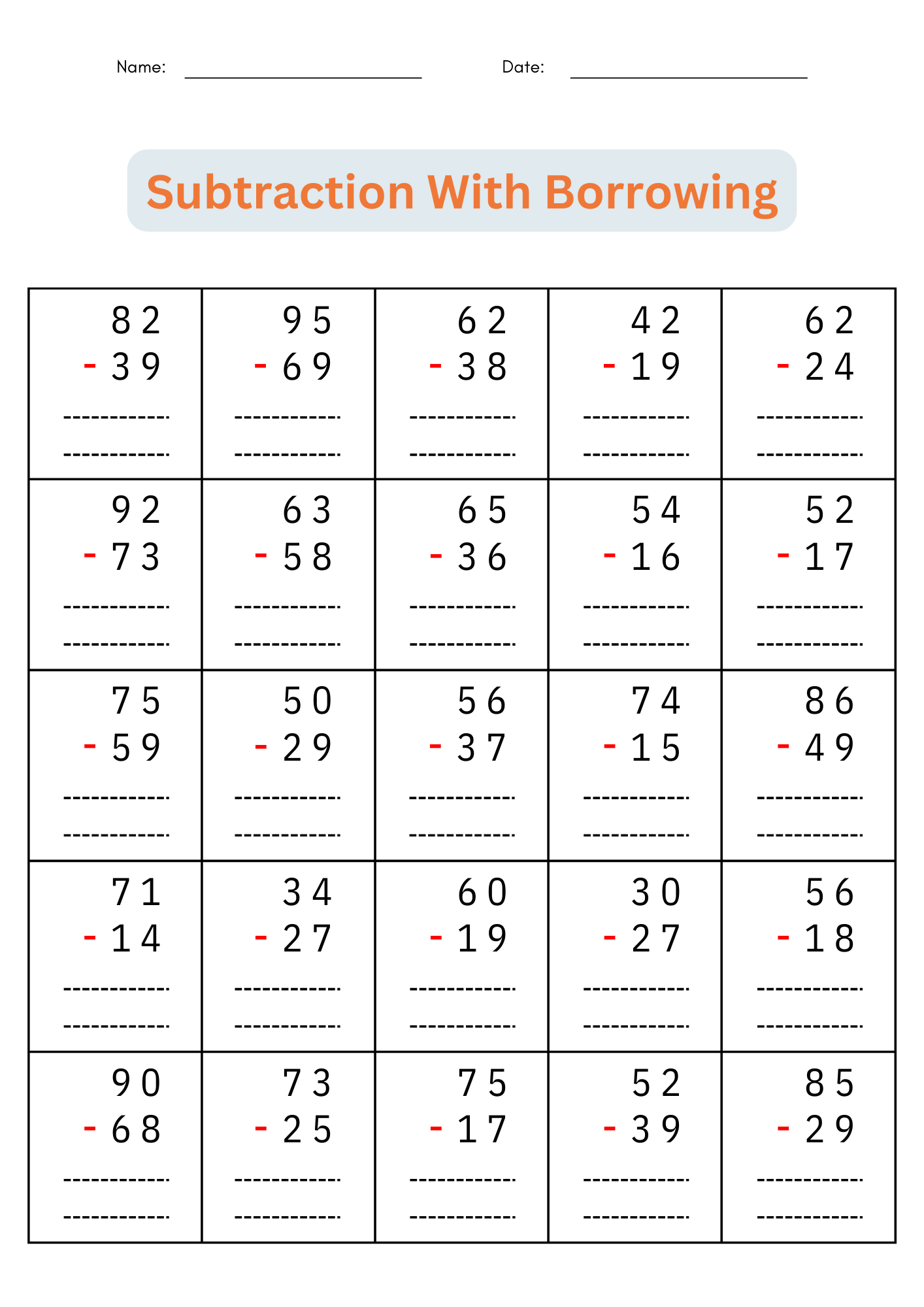 2 Digit Subtraction Worksheets