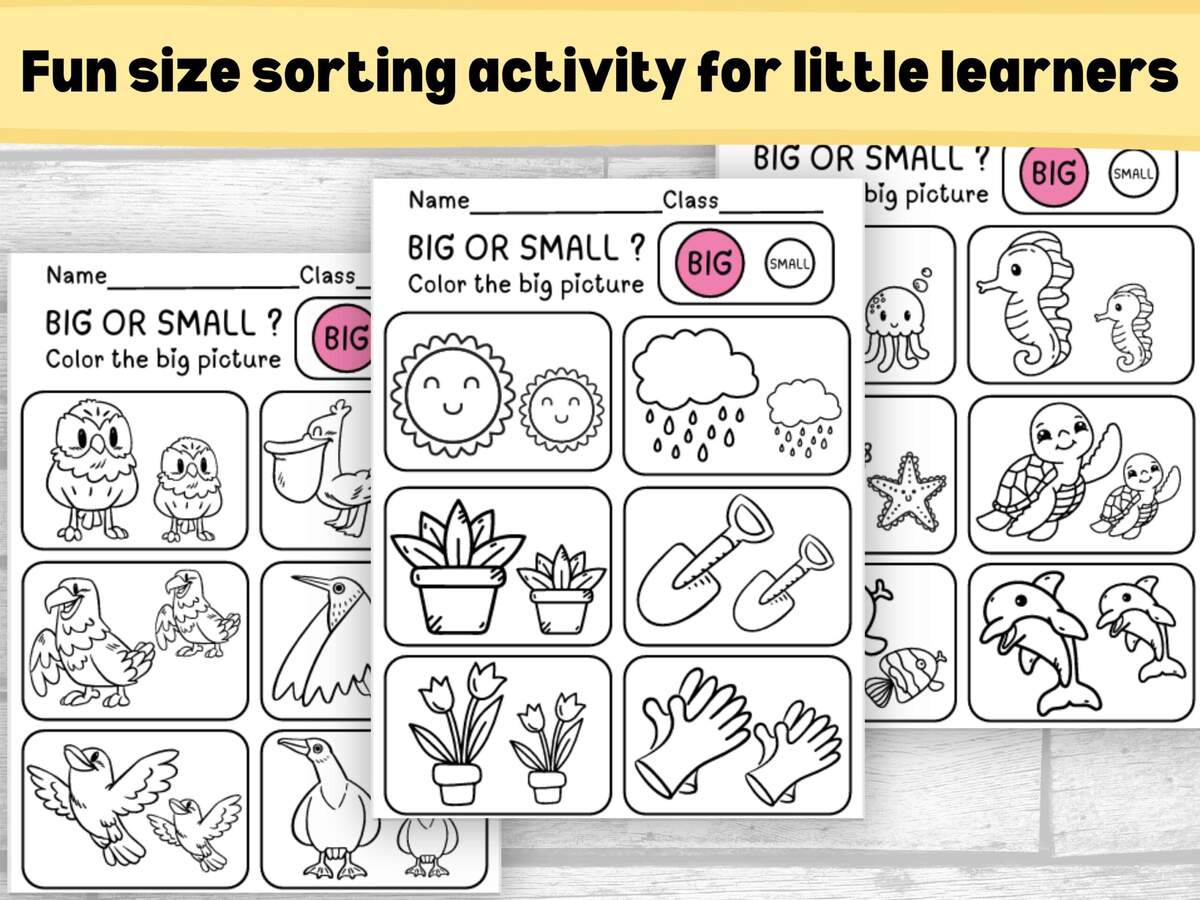 20 Page Size Sorting Worksheets For Preschool And Kindergarten Kids Big And Small Object Comparison Matching And Coloring Activities Etsy Canada