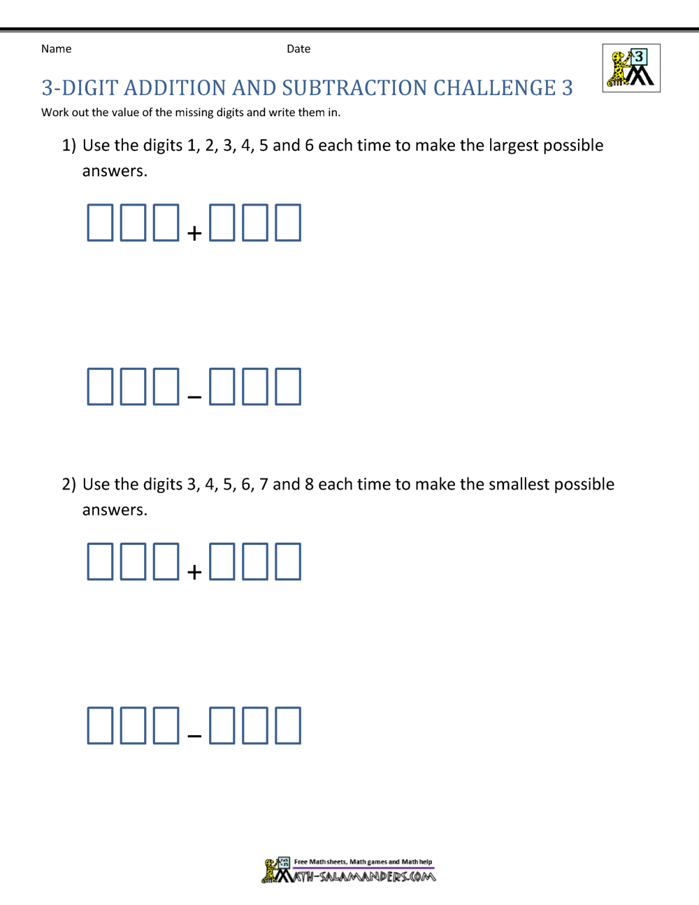 3 Digit Addition And Subtraction Worksheets