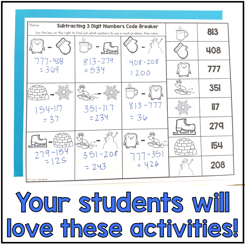 3 Digit Subtraction With Regrouping Winter Math Worksheets Chloe Campbell Education