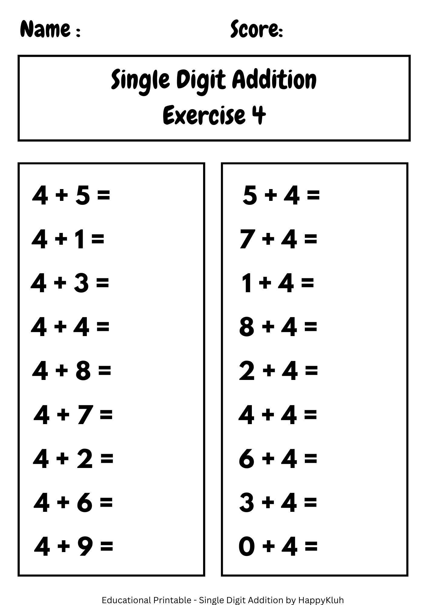 30 Printable Single Digit Addition Worksheets Preschool 2nd Grade Math Etsy Free Printable Addition Worksheet For Second Grade