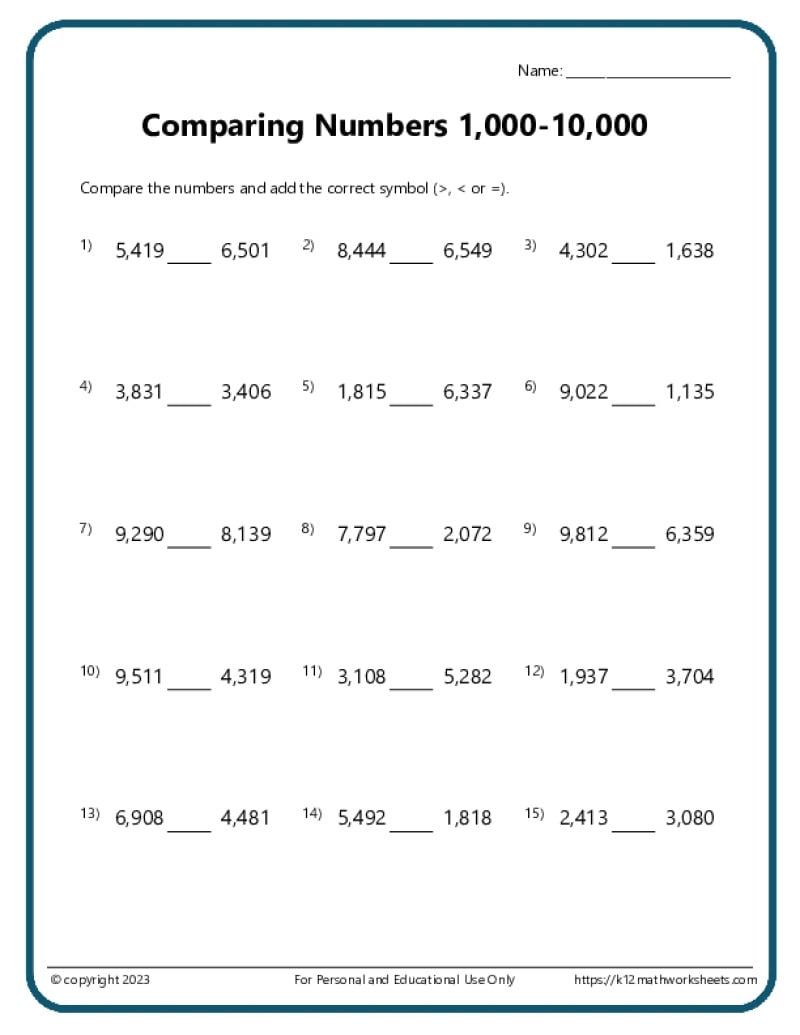3rd Grade Comparing And Ordering Numbers
