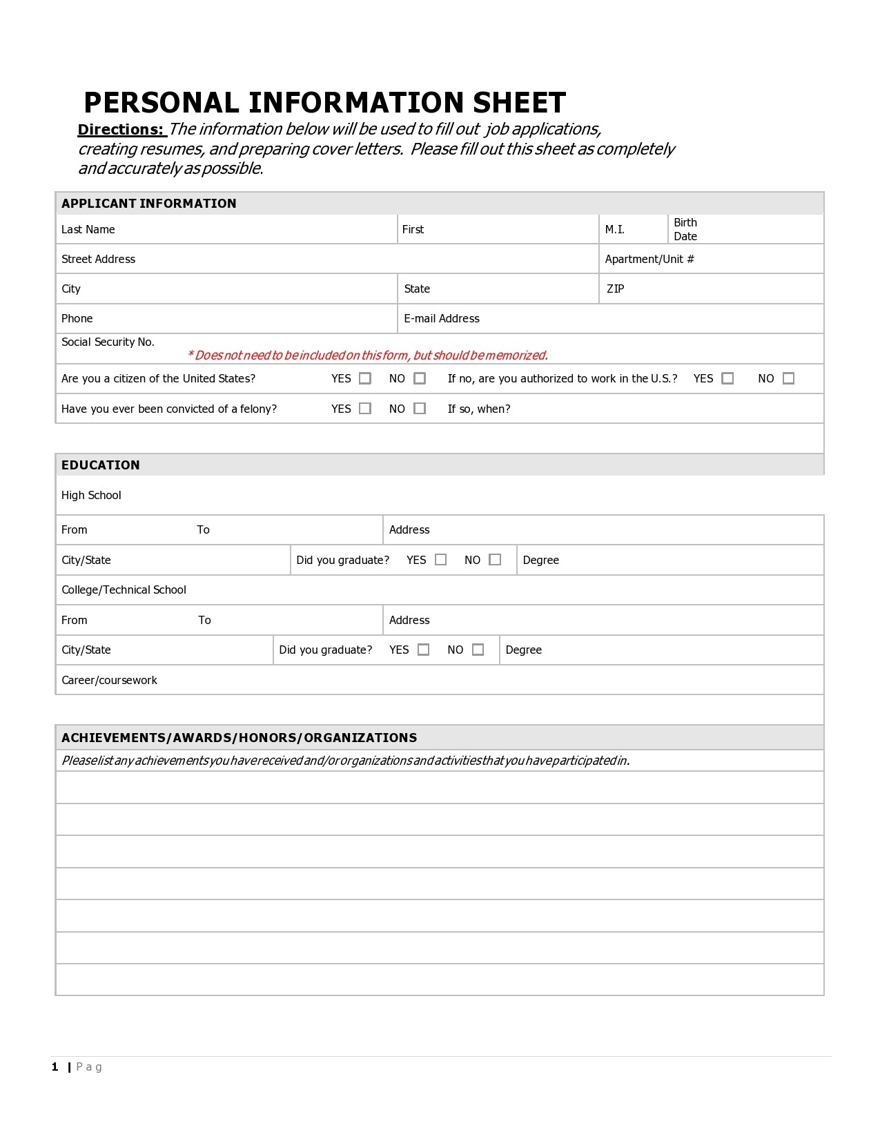 41 Free Personal Information Forms Templates TemplateLab Free Printable Personal Information Form Templates PDF Word Basic