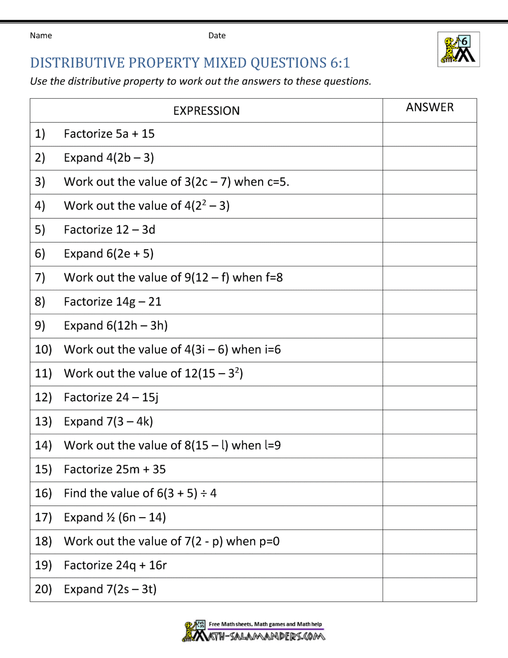 6th Grade Distributive Property Worksheets 6th Grade Distributive Property Worksheets