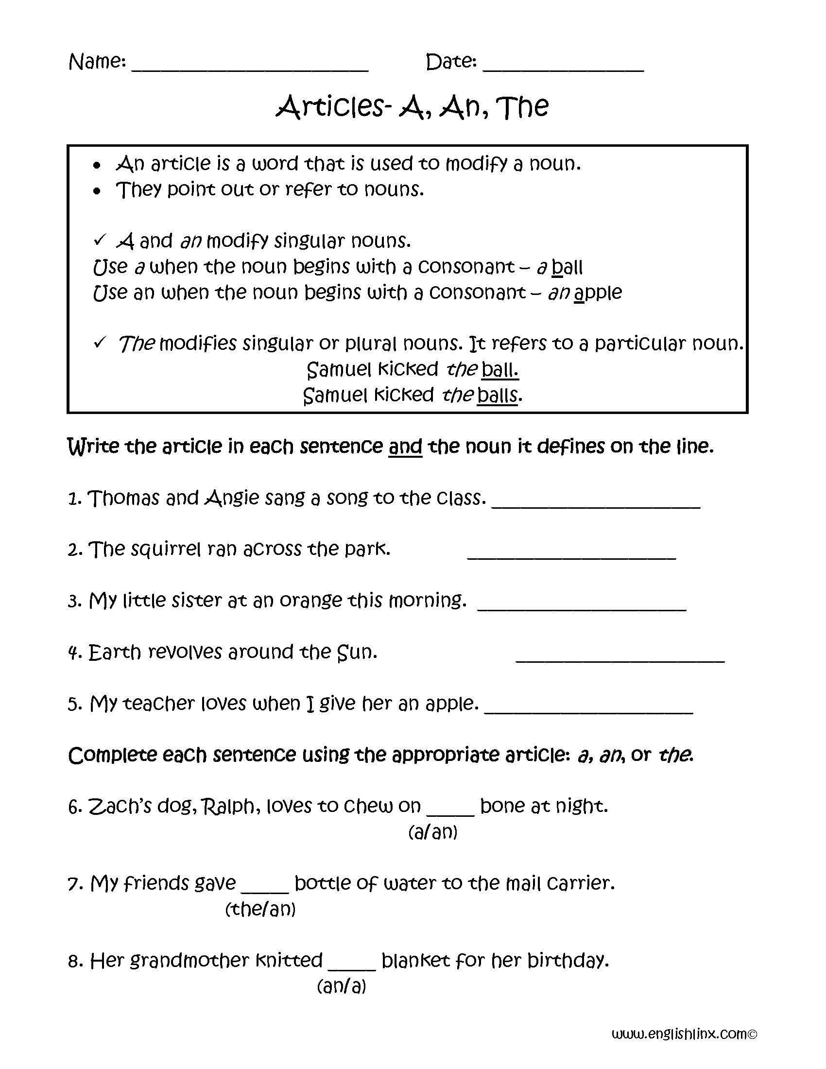 101 Articles PDF Worksheets With Answers 2145 Exercises Grammarism