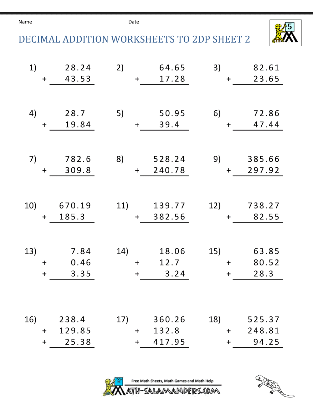 Adding Decimals Worksheet 5th Grade Adding Decimals Worksheet 5th Grade