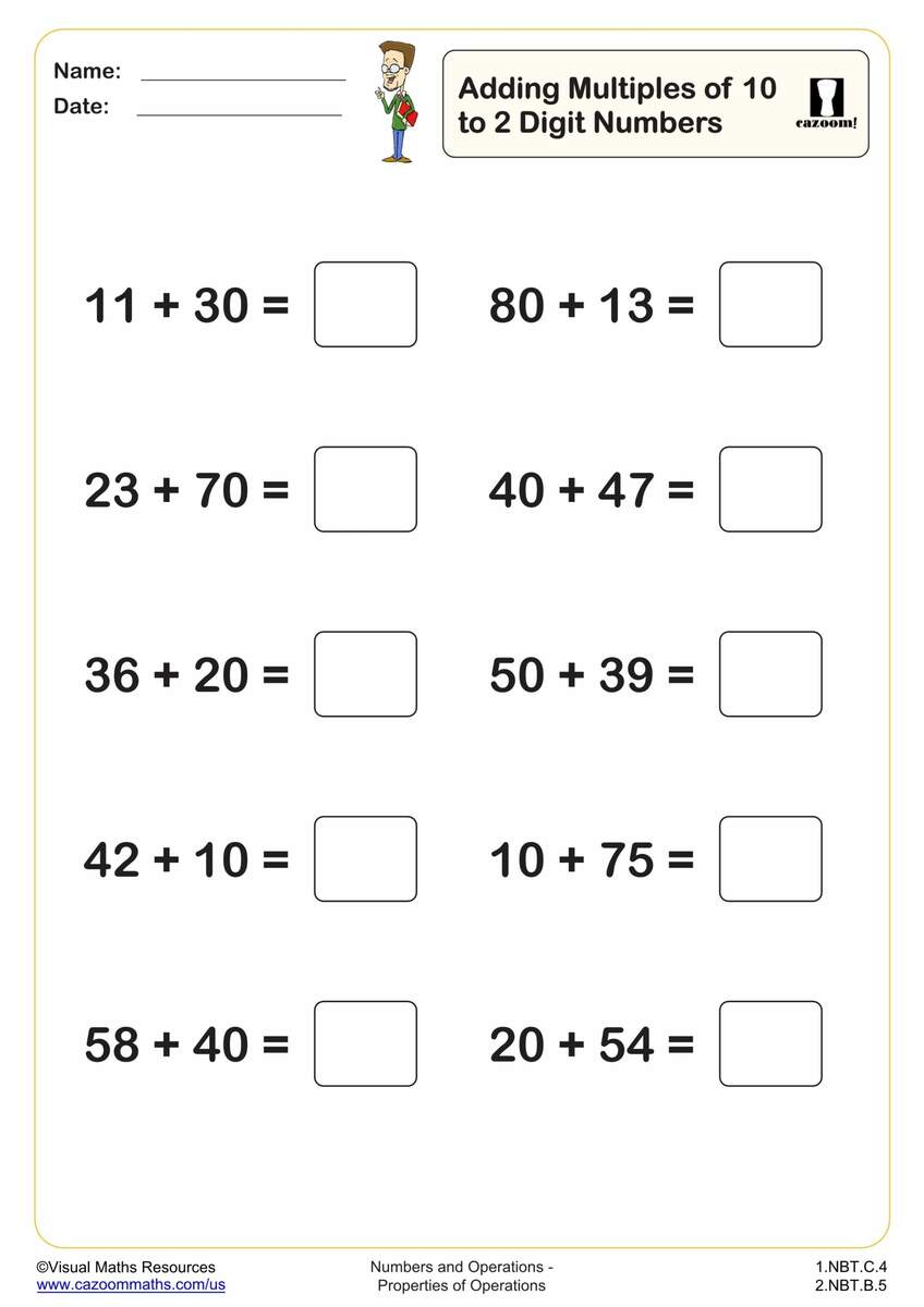 Adding Mulitples Of 10 To A 2 Digit Number 10 Questions 1st Grade PDF Addition Worksheets Cazoom Math