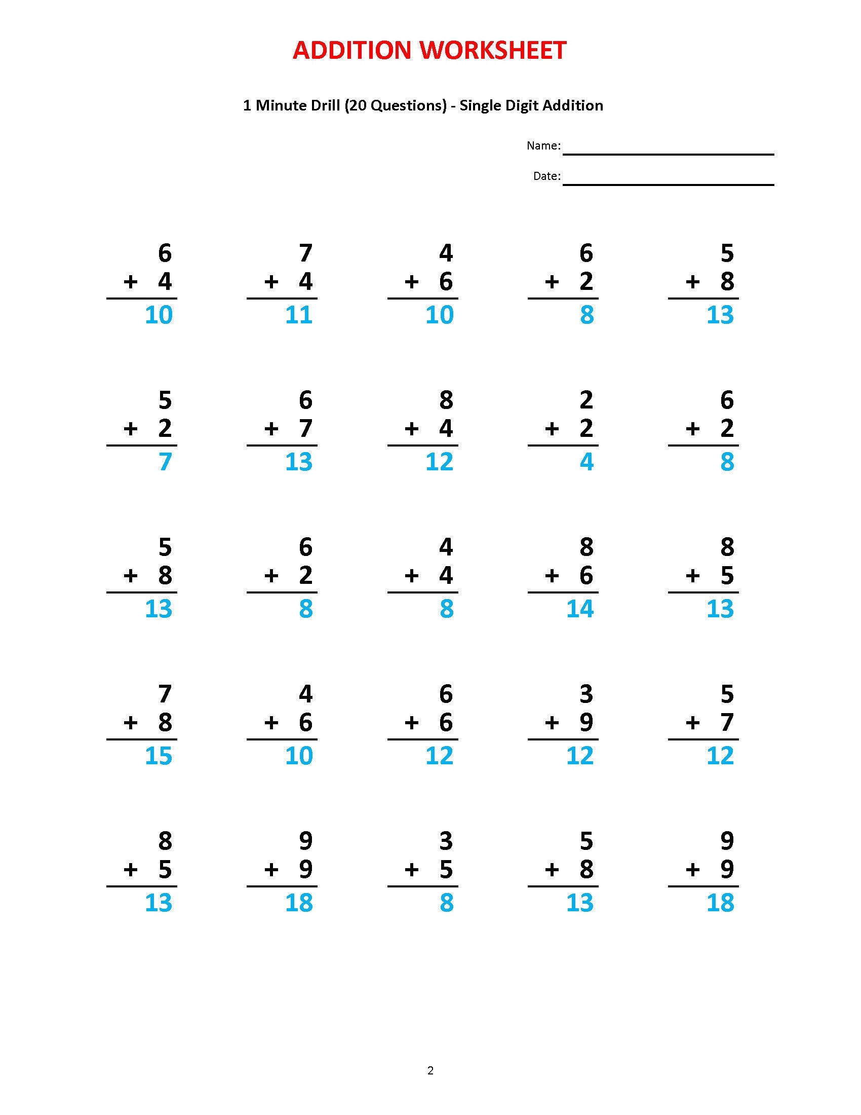 Addition 1 Minute Drill 10 Math Worksheets PDF Etsy