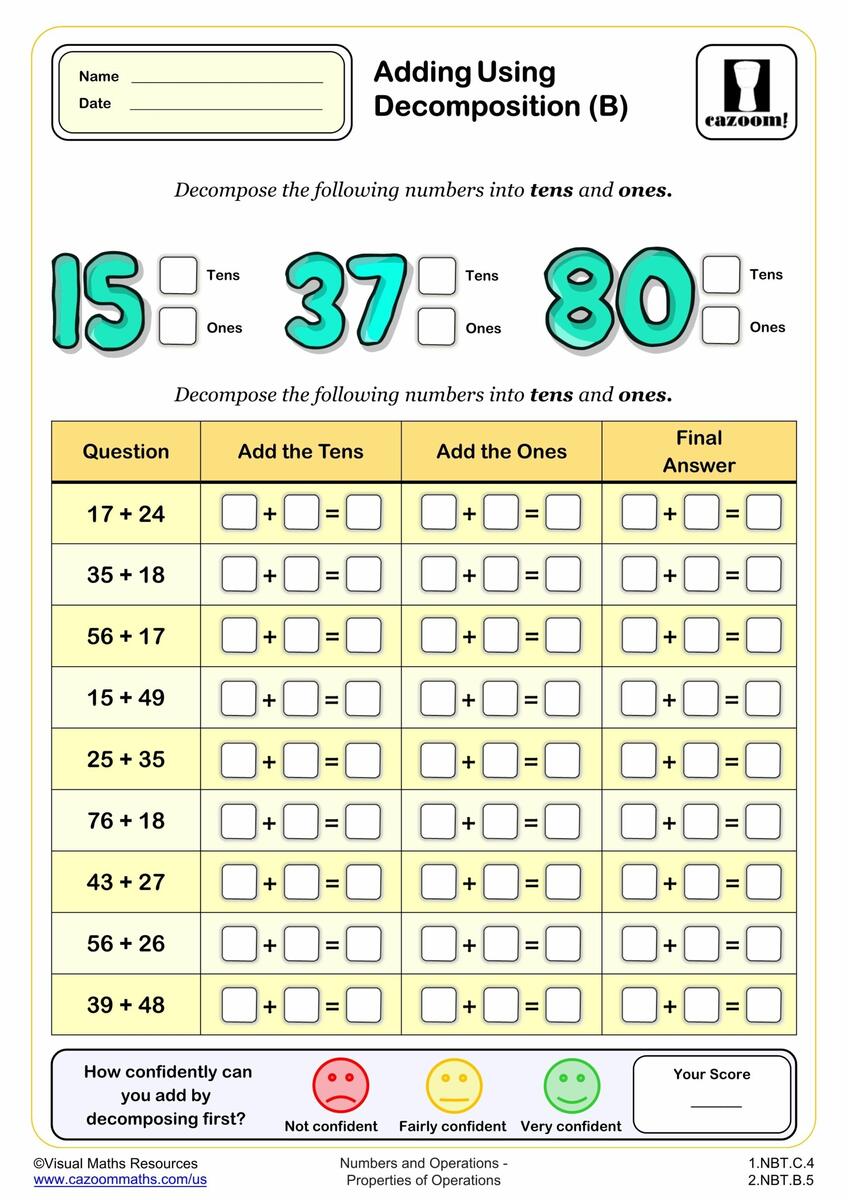 Addition Using Decomposition B PDF Printable Addition Worksheets Cazoom Math Apple Tree Decomposing Numbers Mat