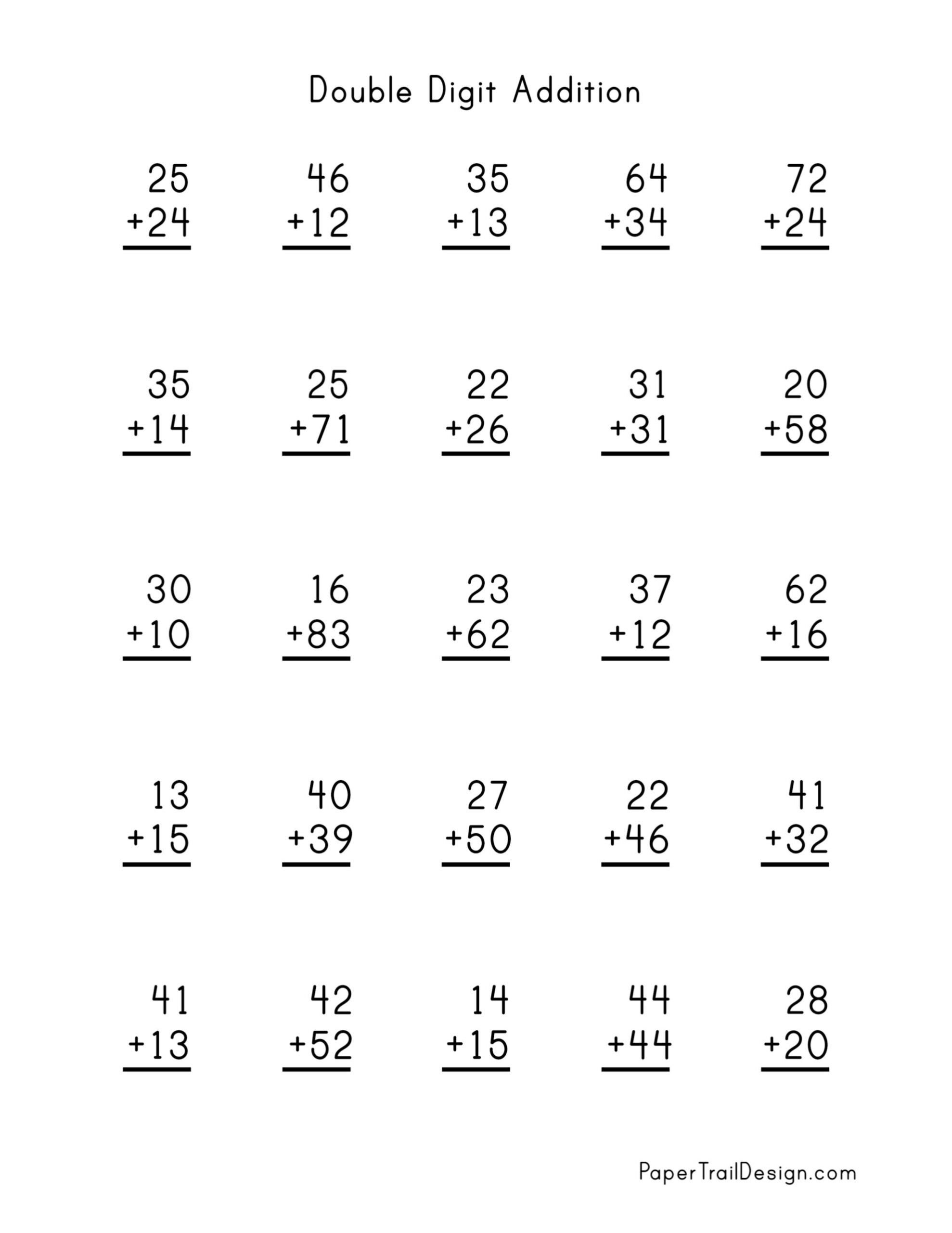 Addition Worksheets Paper Trail Design Two Digit Addition Without Regrouping Worksheets Etsy Israel