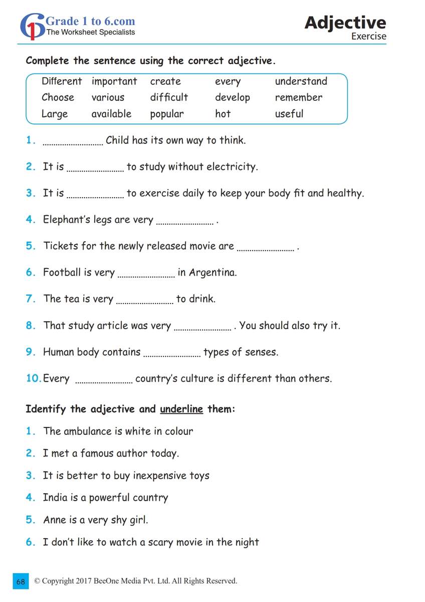 Adjective Exercises And Worksheet Grade1to6