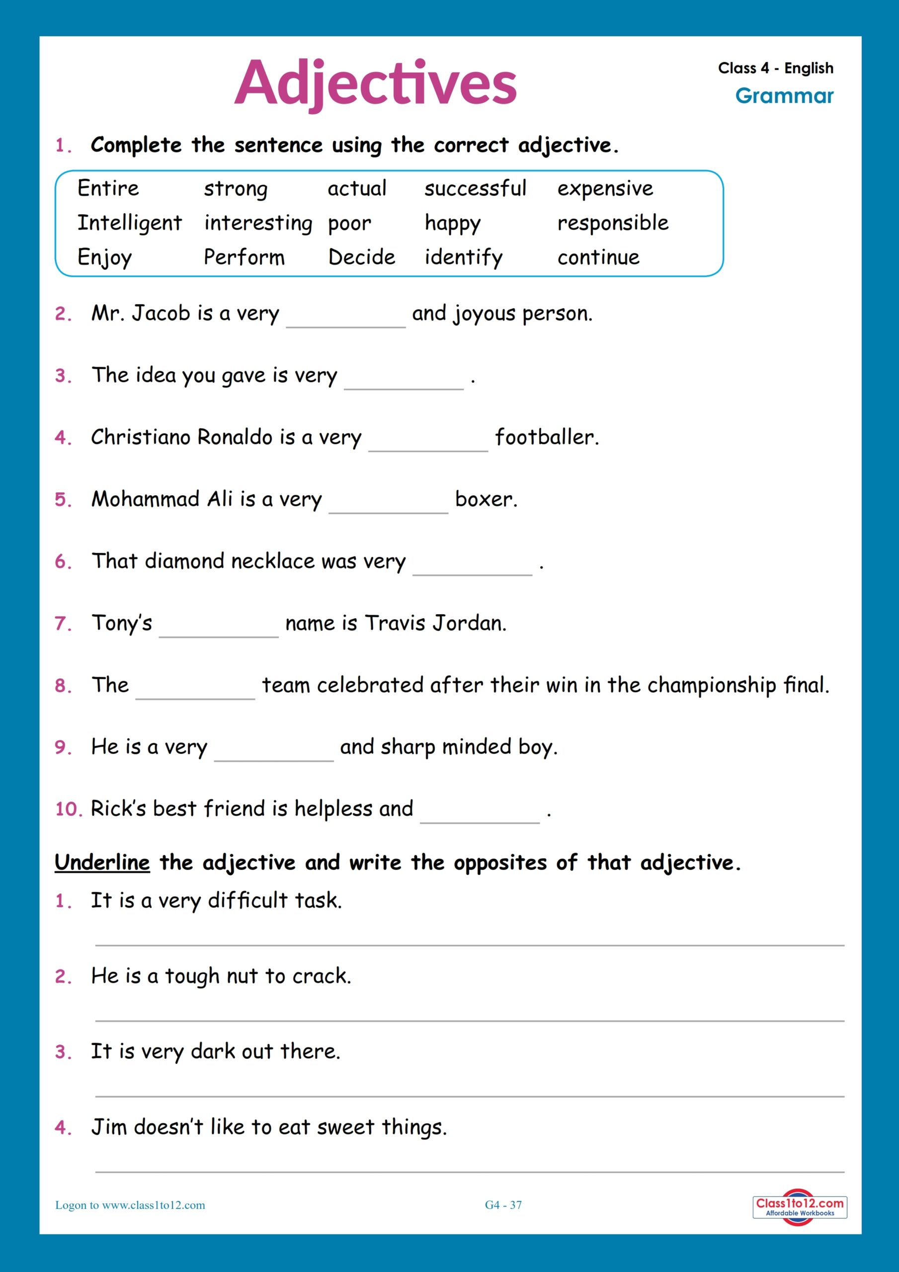 Adjectives Worksheet For Class 4 CBSE NCERT Class1to12 Worksheets Library Adjectives Worksheet For Class 4 CBSE NCERT Class1to12 Worksheets Library