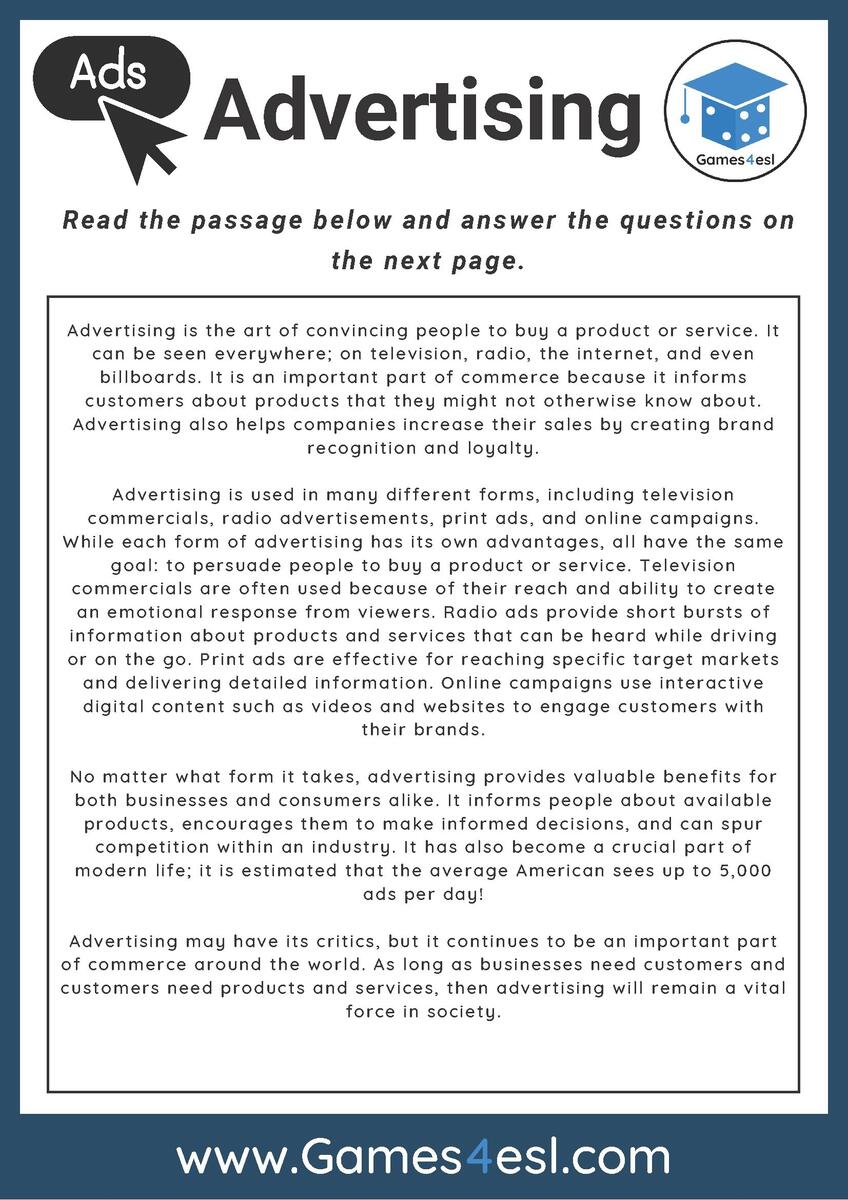 Advertising Reading Comprehension Worksheet Games4esl