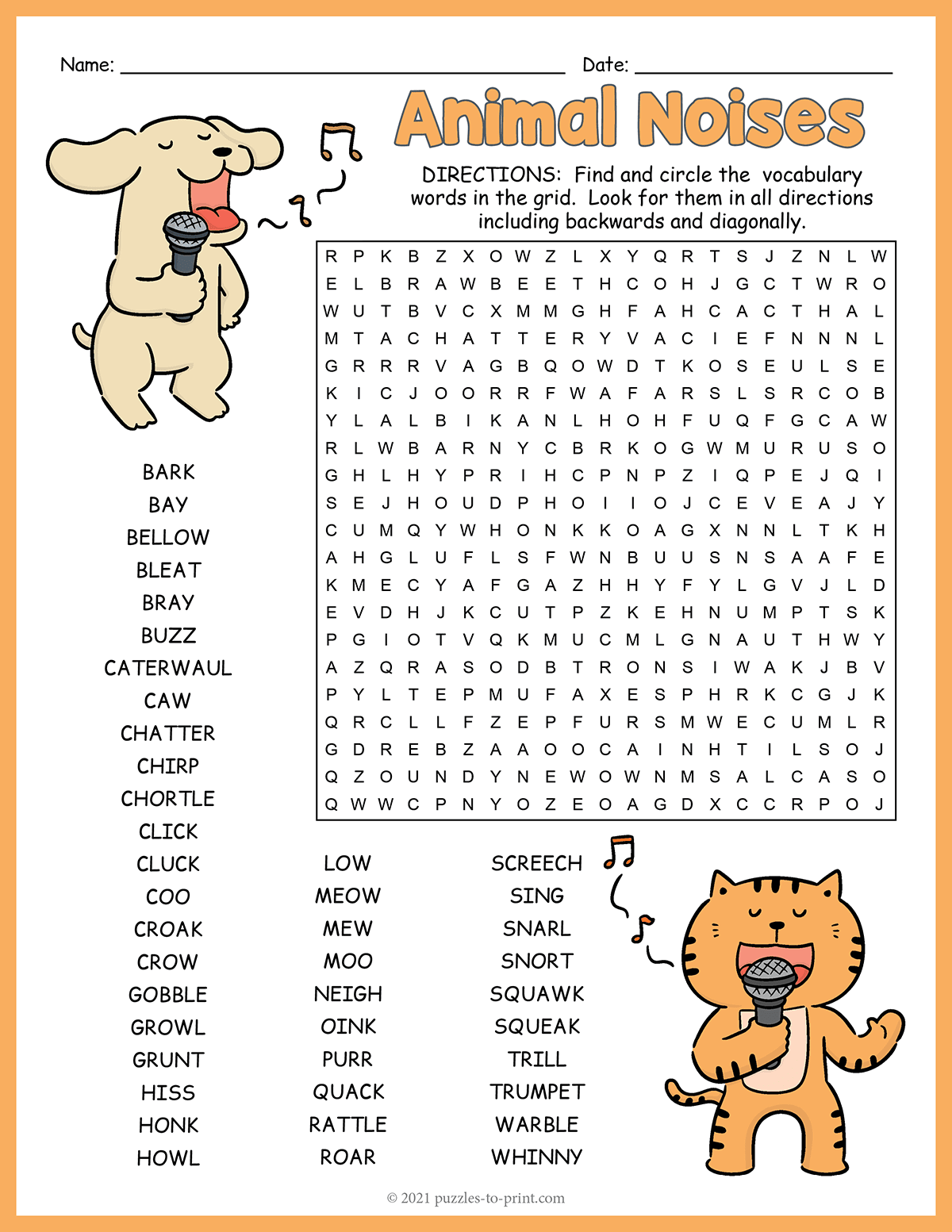 Animal Noises Word Search Free Printable Easy Challenging EE And EA Words Word Search WordMint