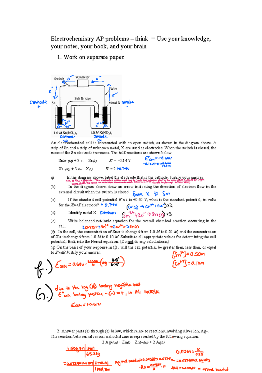 AP Chemistry Electrochemistry FRQ Practice Worksheet Studocu