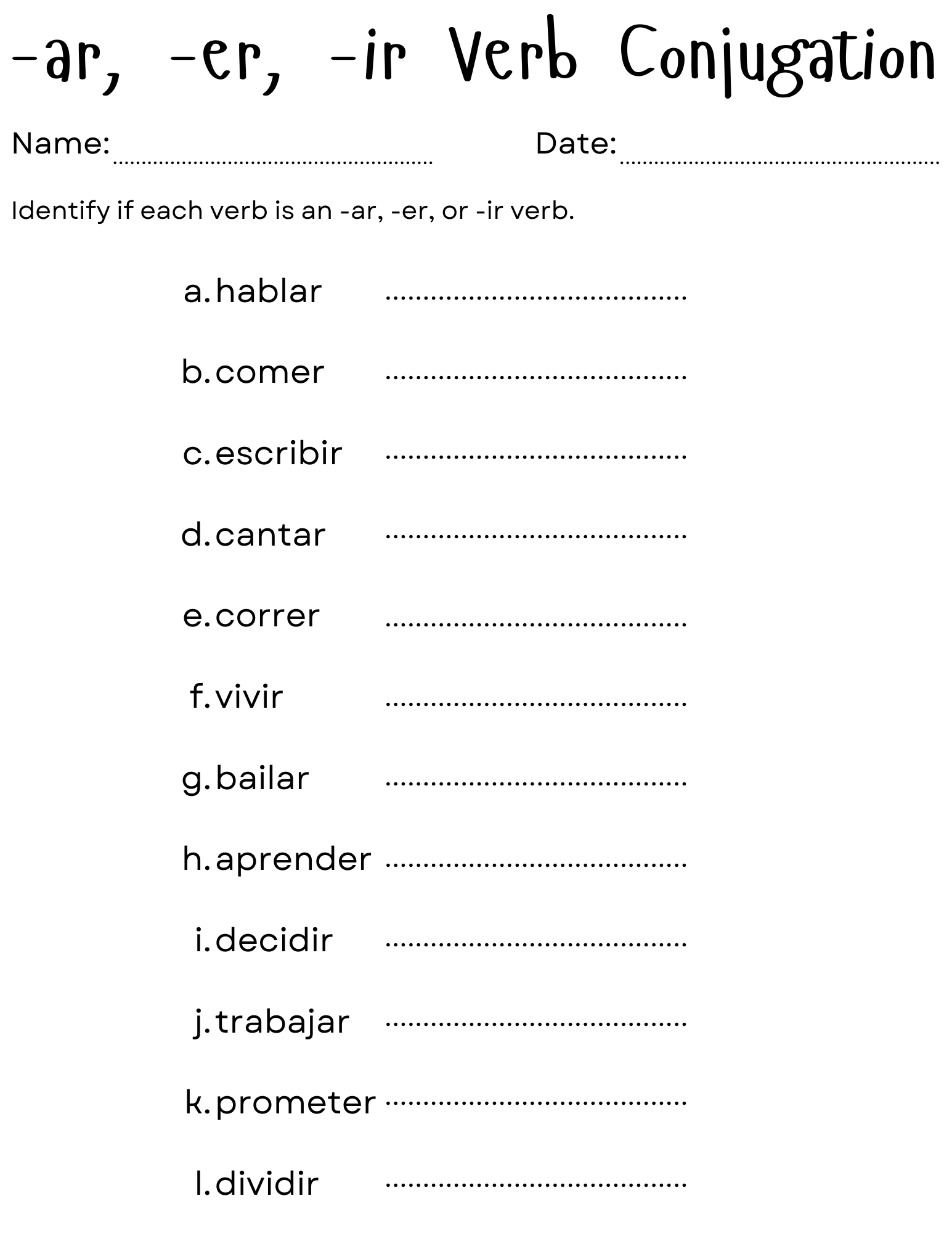Ar Er Ir Verbos Worksheet Worksheets Library