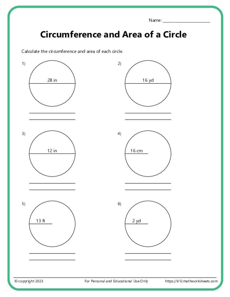 Area And Circumference Of Circles K12 Math Worksheets Area Of Circles Worksheet Printable PDF Worksheets
