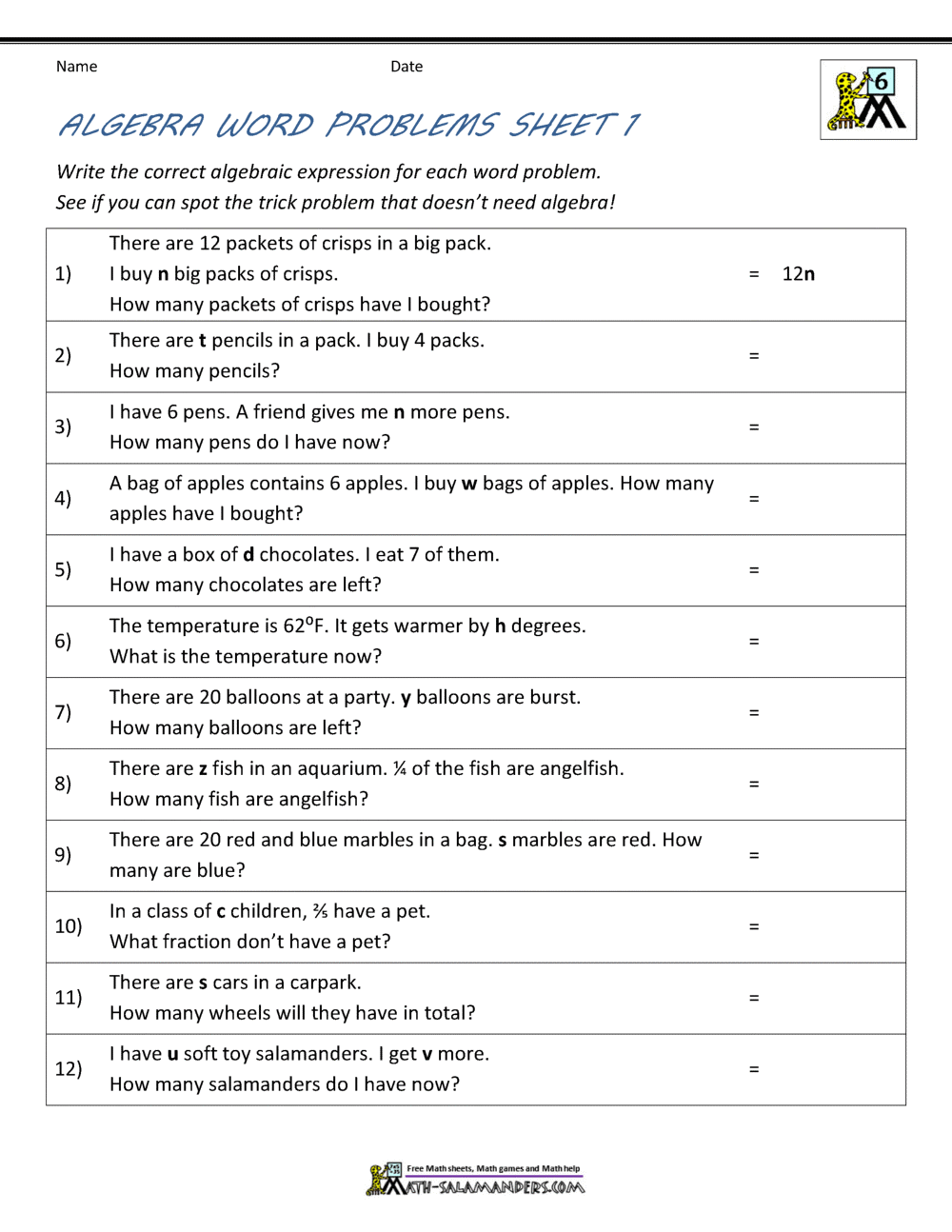 Algebraic Expressions And Word Problems Examples Solutions Videos Worksheets Games Activities