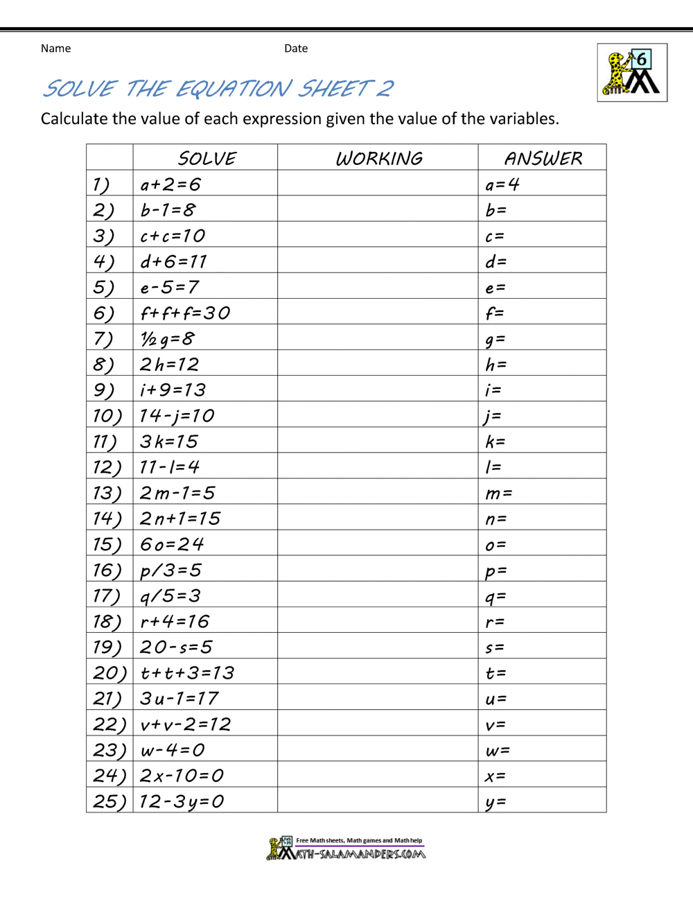 Basic Algebra Worksheets Basic Algebra Worksheets