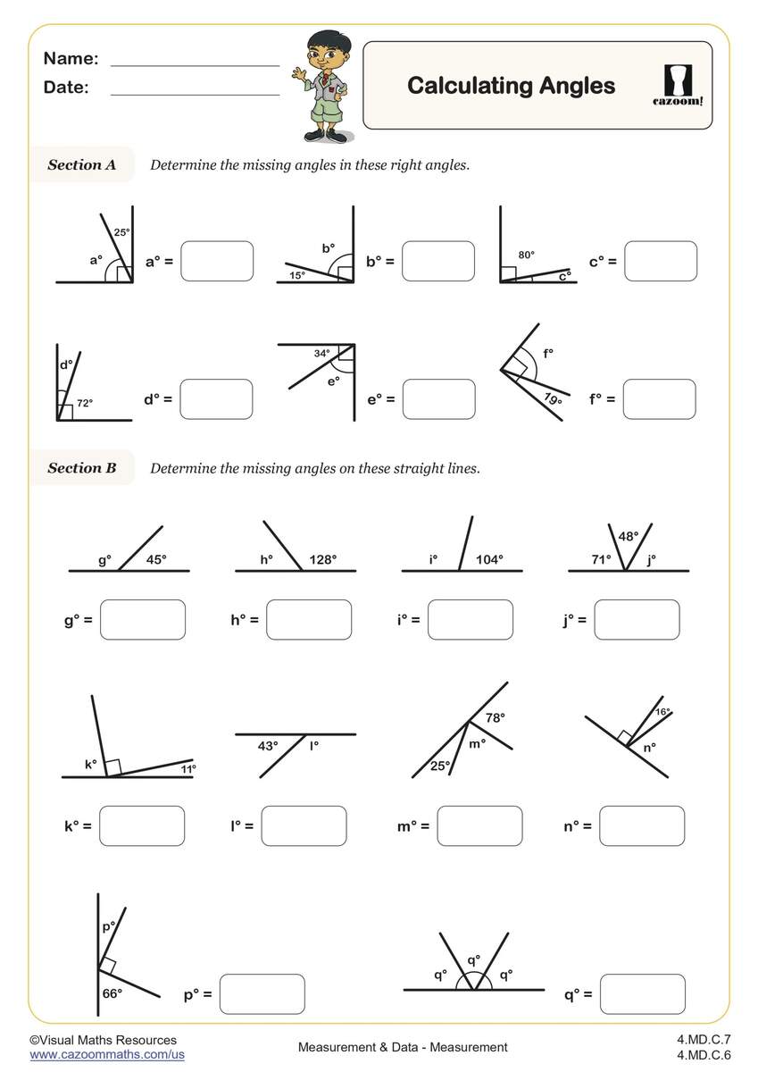 Calculating Angles A 4th Grade PDF Measurement And Data Worksheets Cazoom Math Find The Measure Of The Missing Angle Quadrilaterals And Polygons Worksheets Made By Teachers