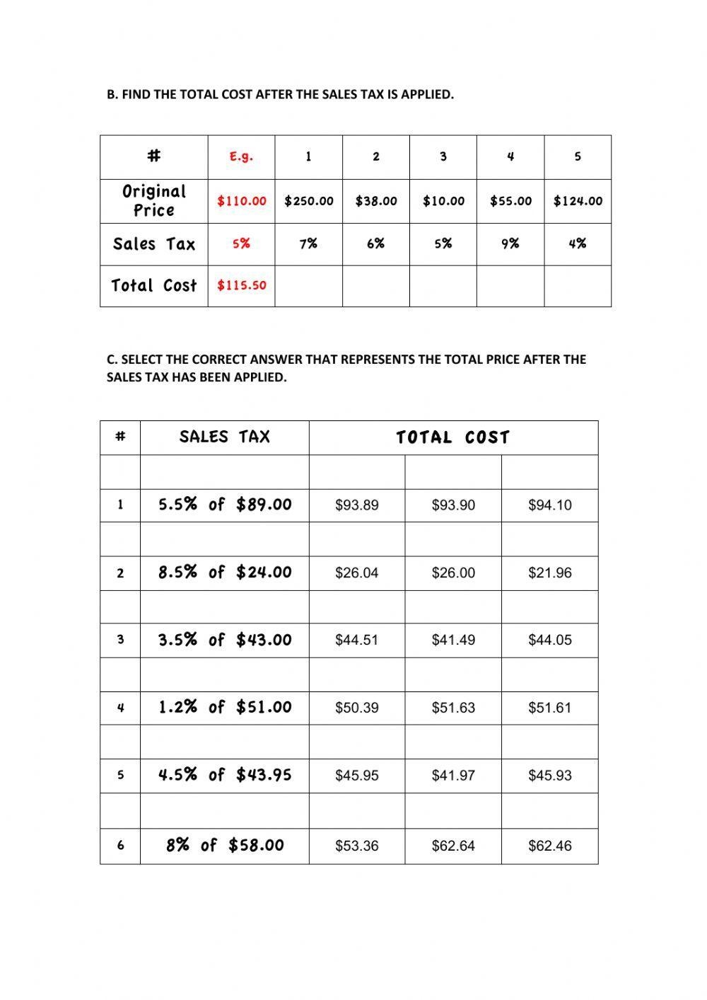 Calculating Total Cost After Sales Tax Worksheet Worksheets Library Calculating Total Cost After Sales Tax Worksheet Worksheets Library