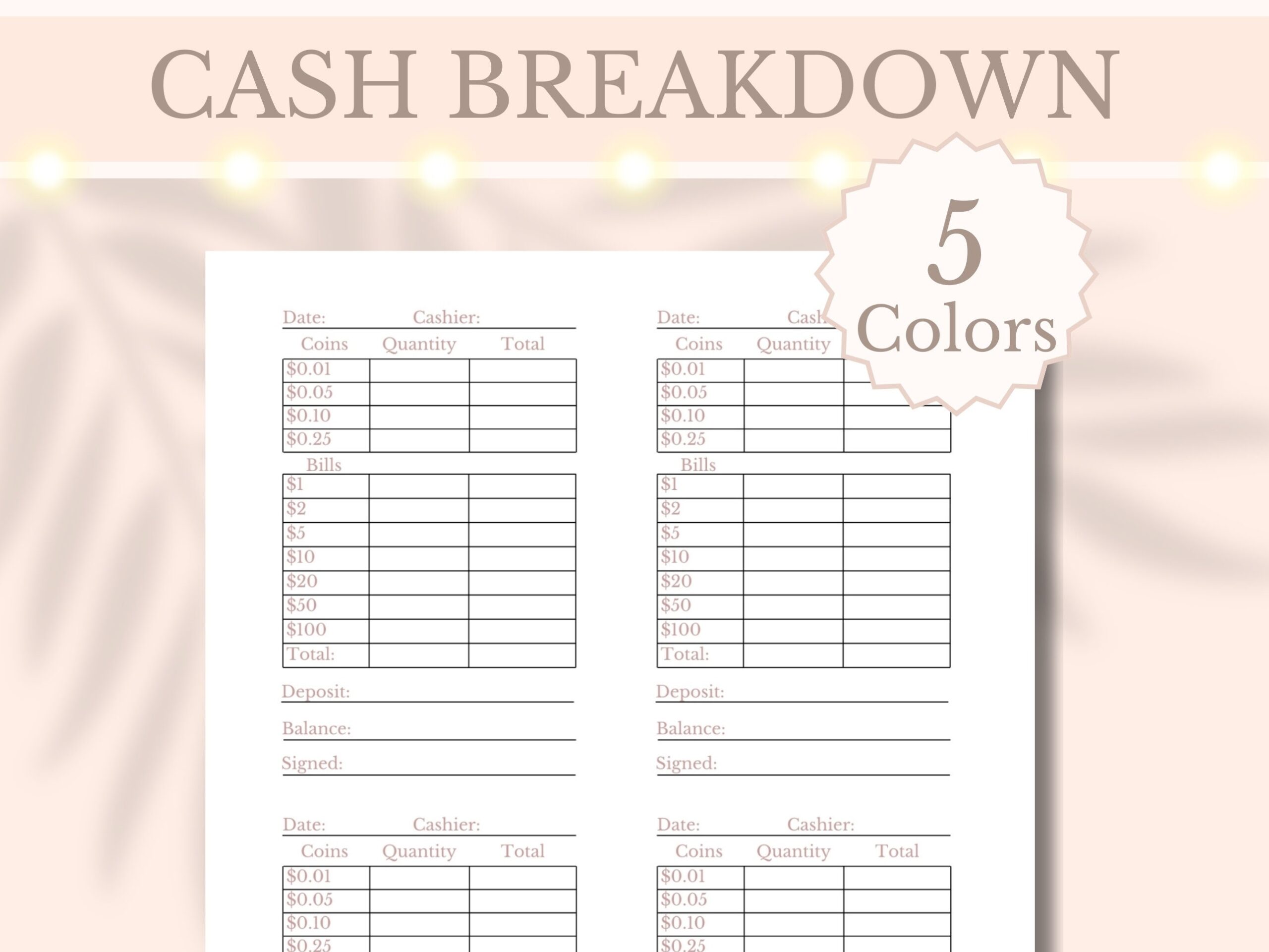 Cash Drawer Count Sheet Etsy