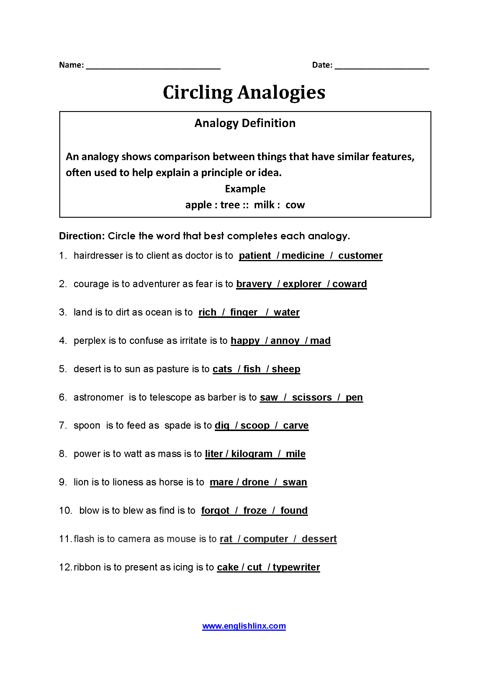 Circling Analogies Word Relationship Worksheet Practice Circling Analogies Word Relationship Worksheet Practice