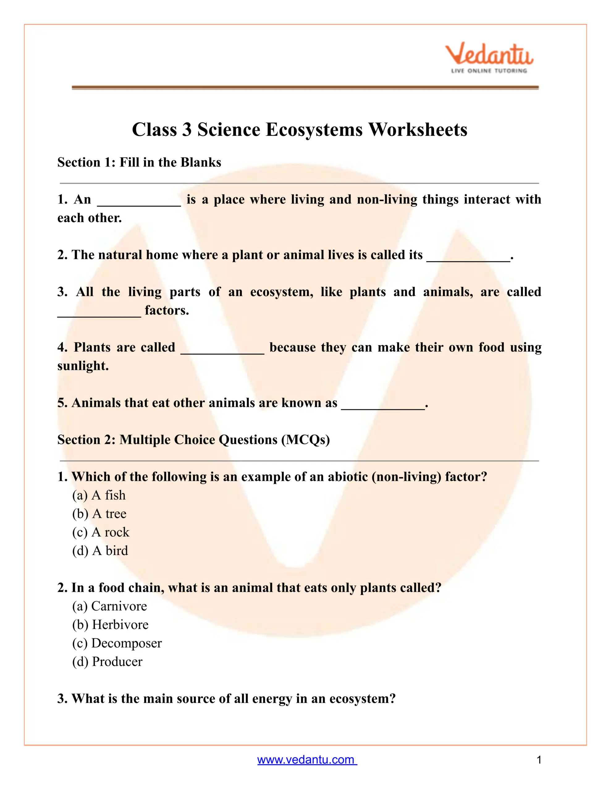 Class 3 Science Ecosystem Worksheet With Answers Free PDF Class 3 Science Biomes Worksheet Free Printable PDF