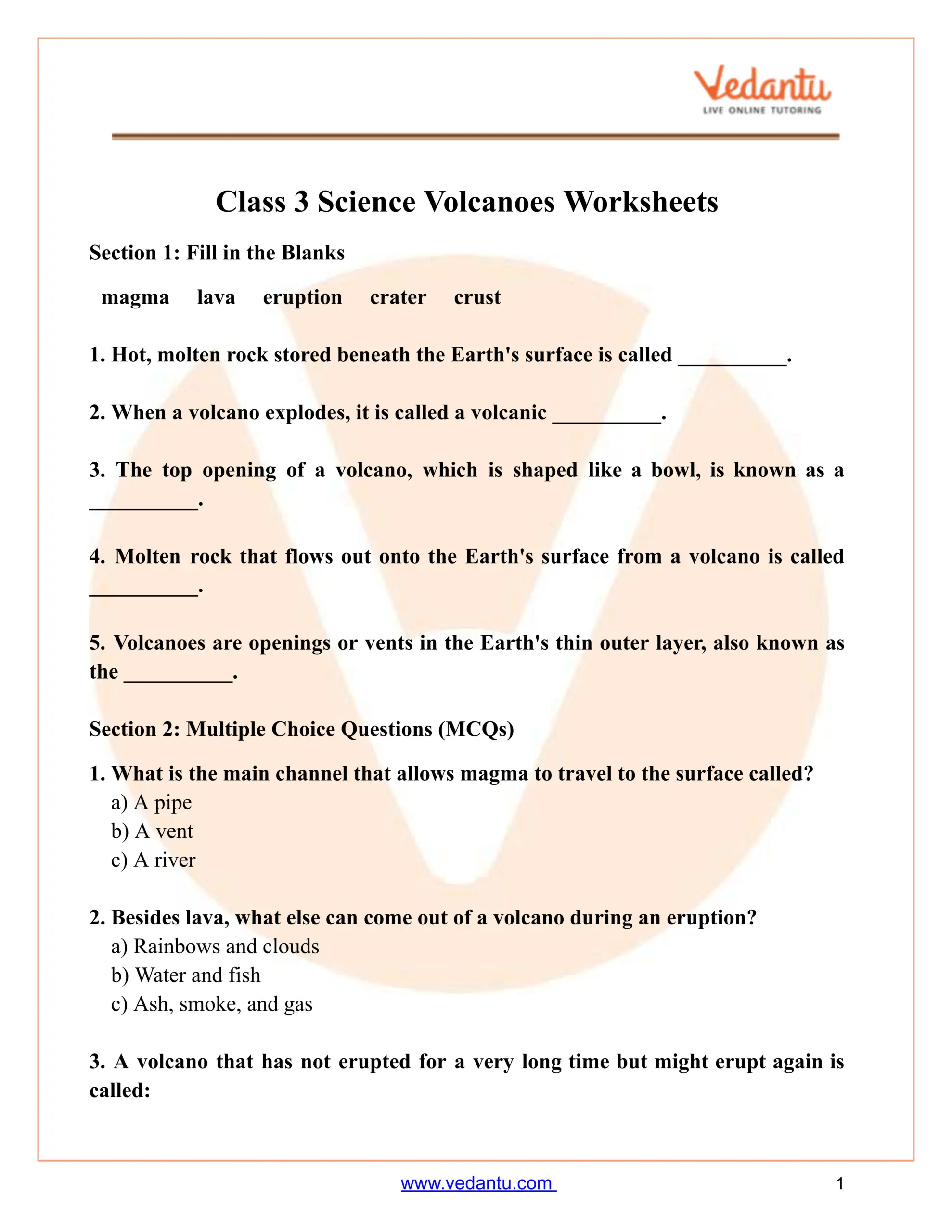 Class 3 Science Volcanoes Worksheet Free Printable PDF Class 3 Science Volcanoes Worksheet Free Printable PDF