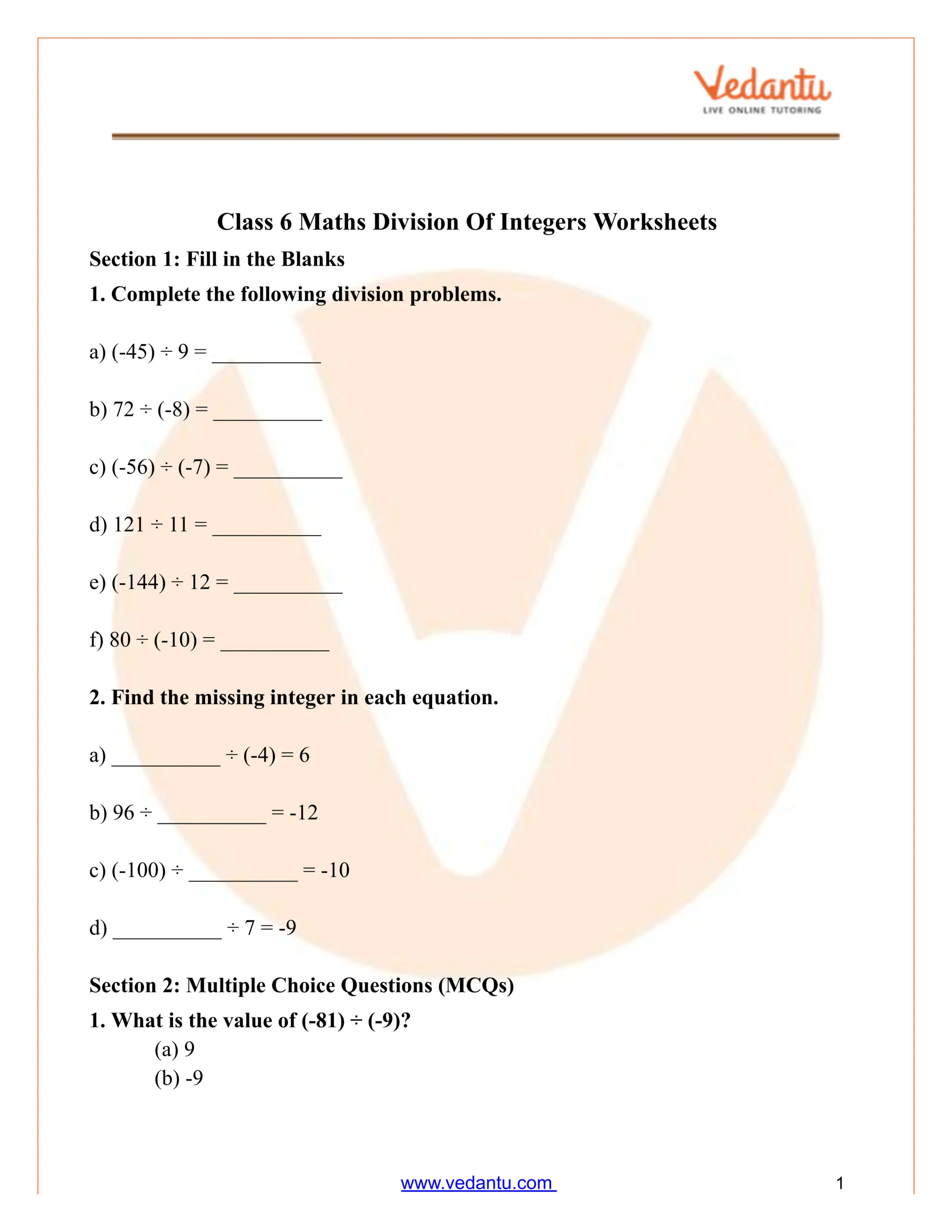Class 6 Maths Division Of Integers Worksheet PDF Practice Answers Class 6 Maths Division Of Integers Worksheet PDF Practice Answers