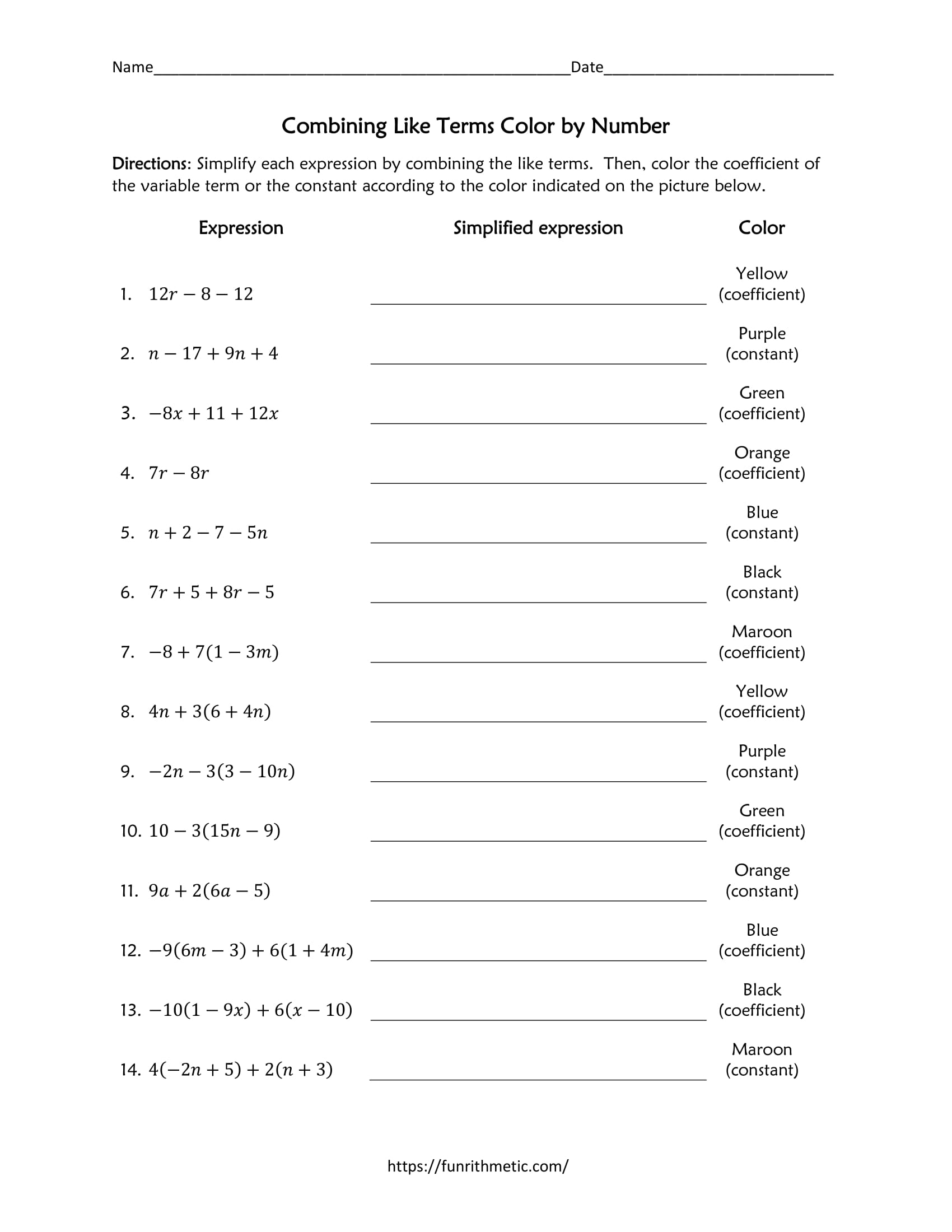 Combining Like Terms Color By Number Funrithmetic Combining Like Terms Color By Number Funrithmetic