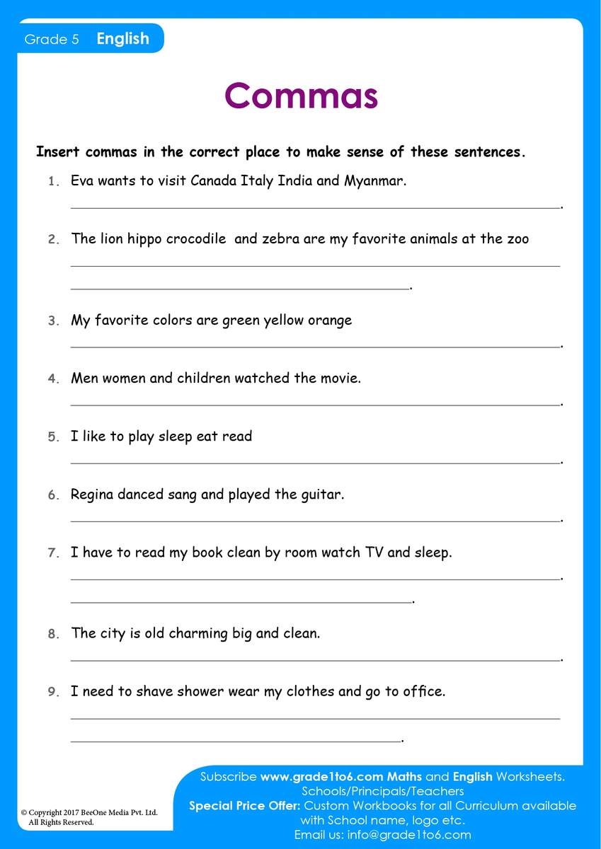 Comma Worksheet For Class 4 And 5 Grade1to6 Free Comma Worksheets Enhance Writing Skills