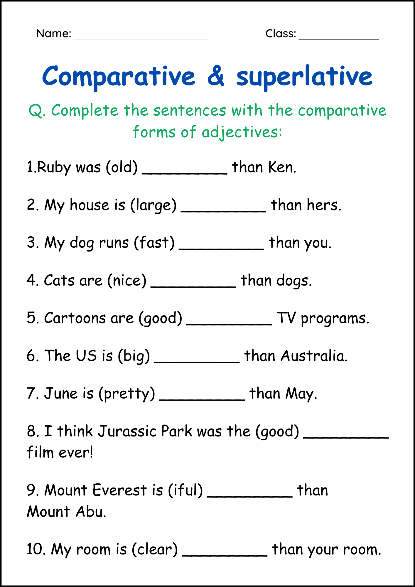 Comparative And Superlative Adjectives Grammar Worksheets For Grade 1 2 3 Made By Teachers Comparative And Superlative Adjectives Write The Comparative And Superlative Forms Of The Adjectives Printable Grammar Worksheet PDF Ezpzlearn