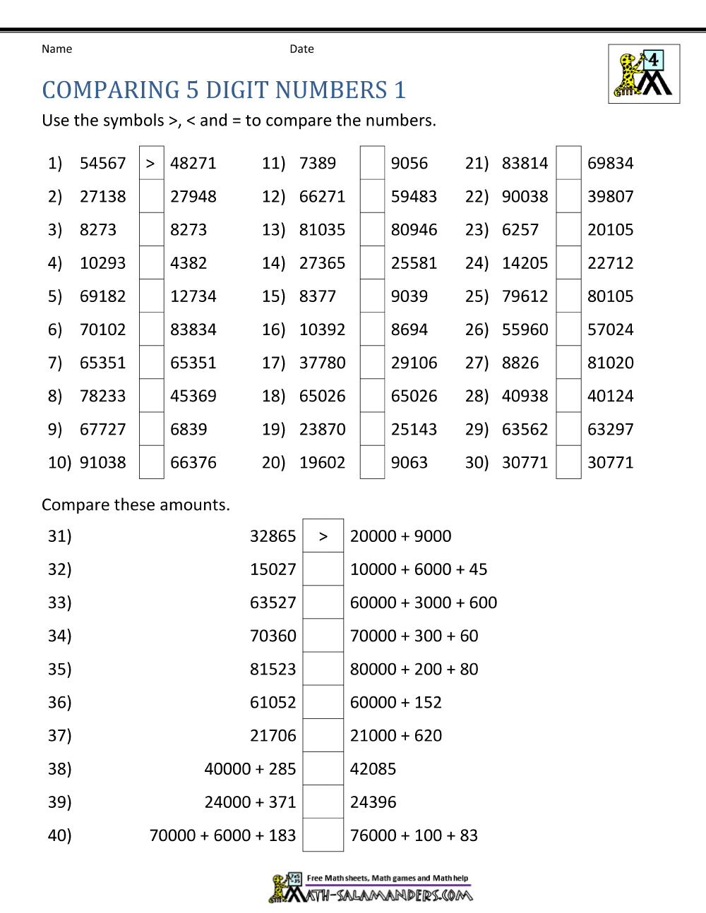 Comparing And Ordering Whole Numbers Worksheets 1st Grade Comparing And Ordering Worksheets