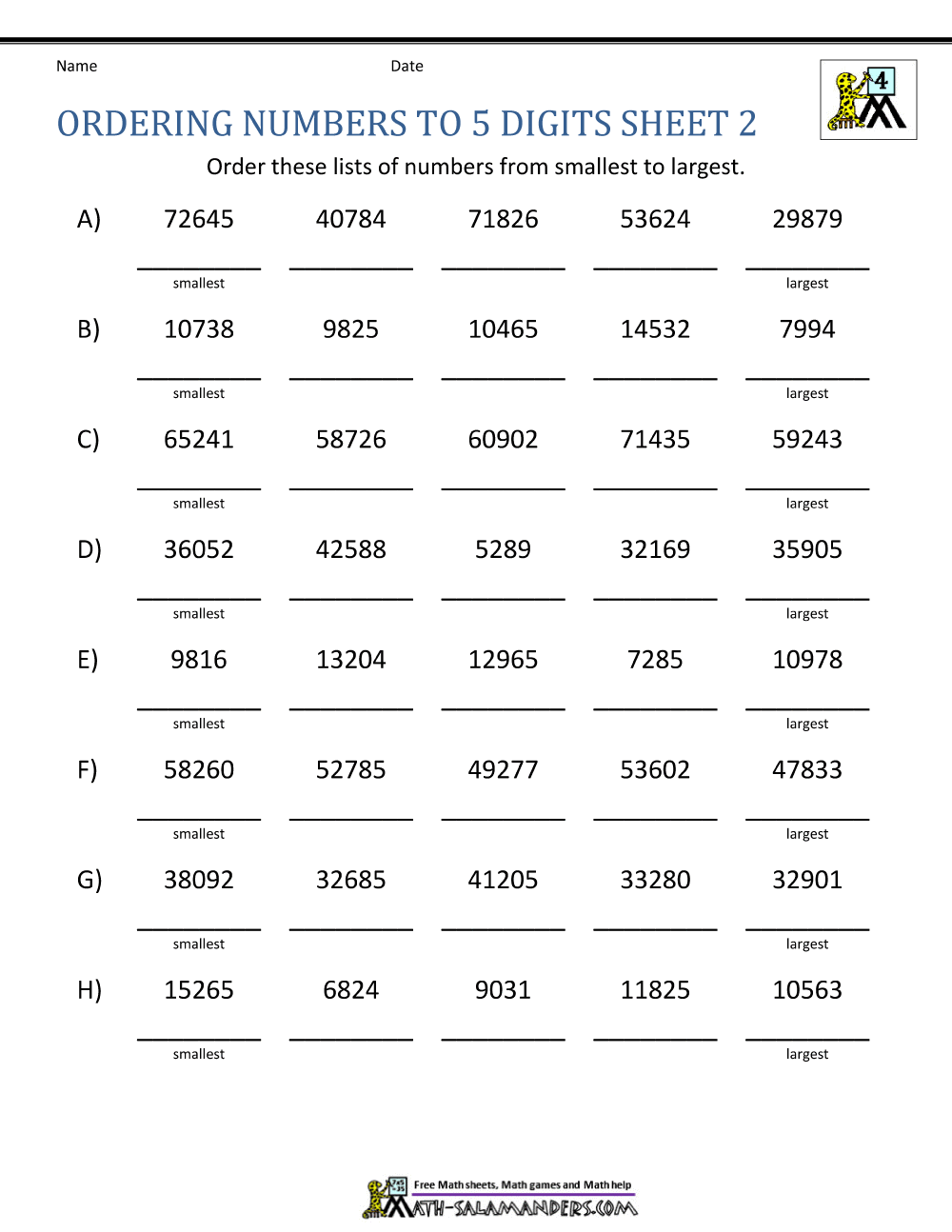 Comparing And Ordering Whole Numbers Worksheets Comparing And Ordering Whole Numbers Worksheets