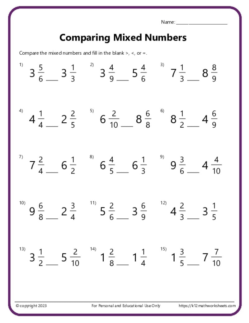 Comparing Fractions Worksheets Comparing Fractions Worksheets