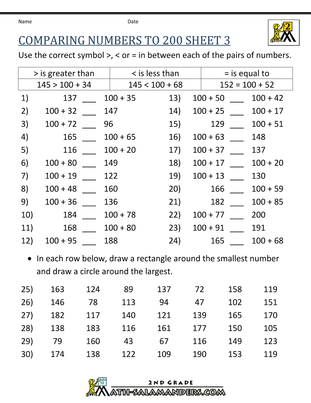 Comparing Numbers To 1000 Comparing Numbers To 1000