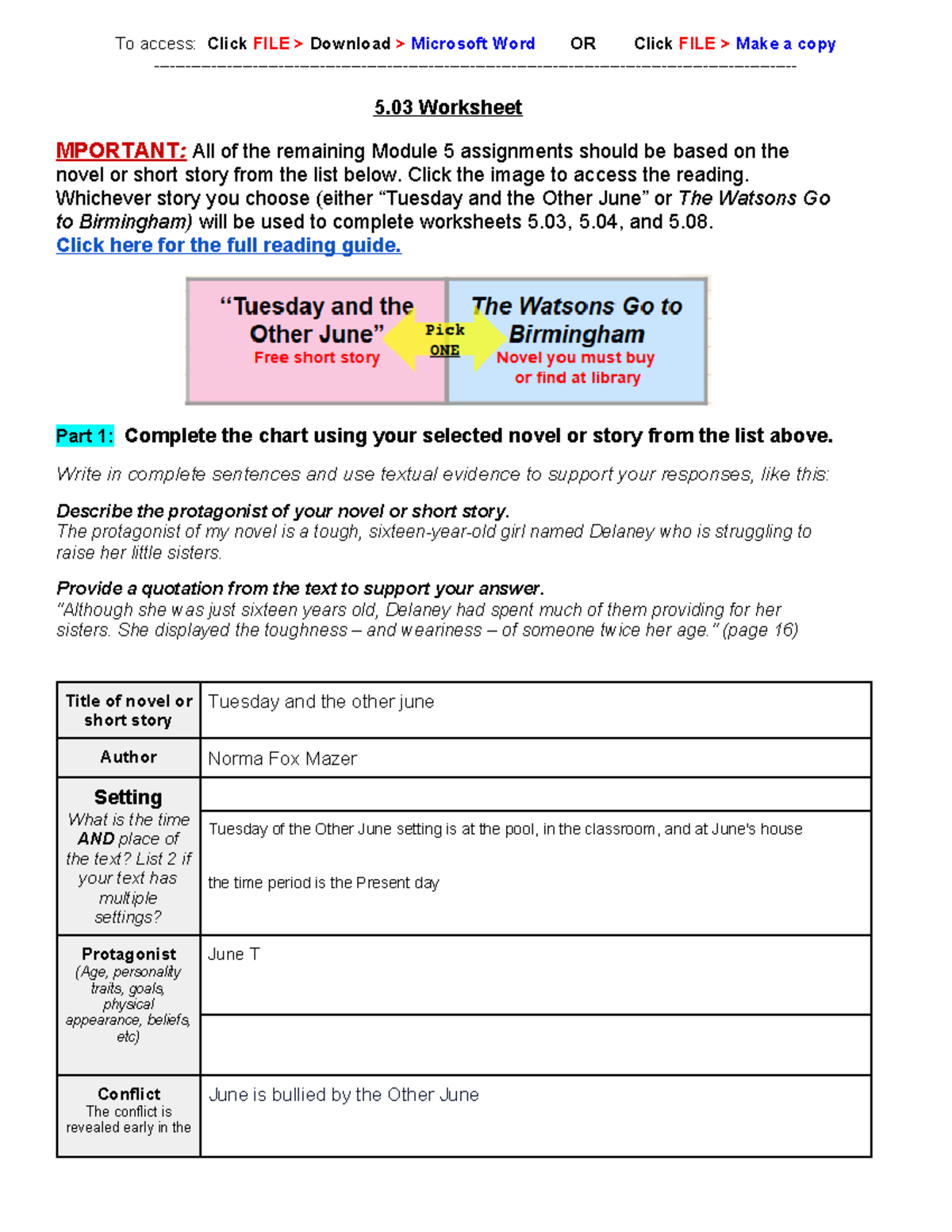 Copy Of 5 03 Language Arts Worksheet Character Analysis Conflict Studocu