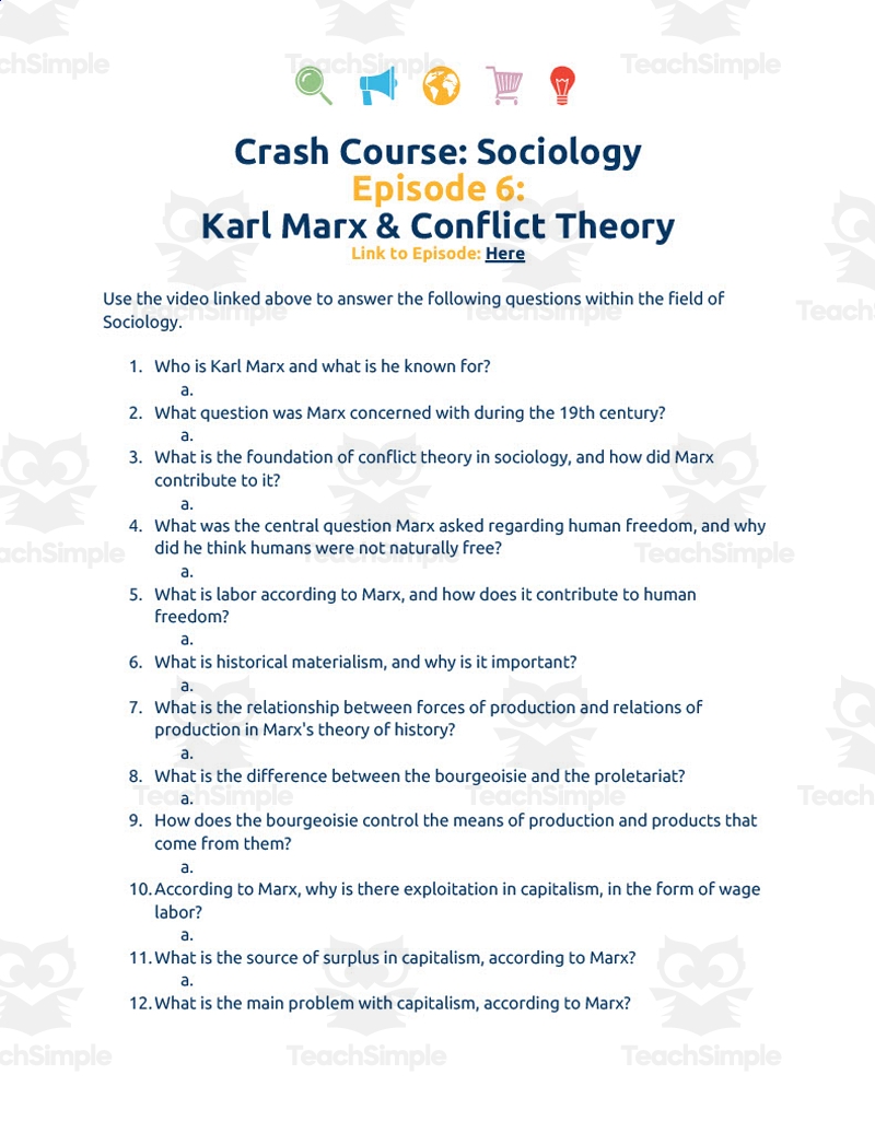 Crash Course Sociology Episode Worksheet 6 Karl Marx Conflict Theory By Teach Simple