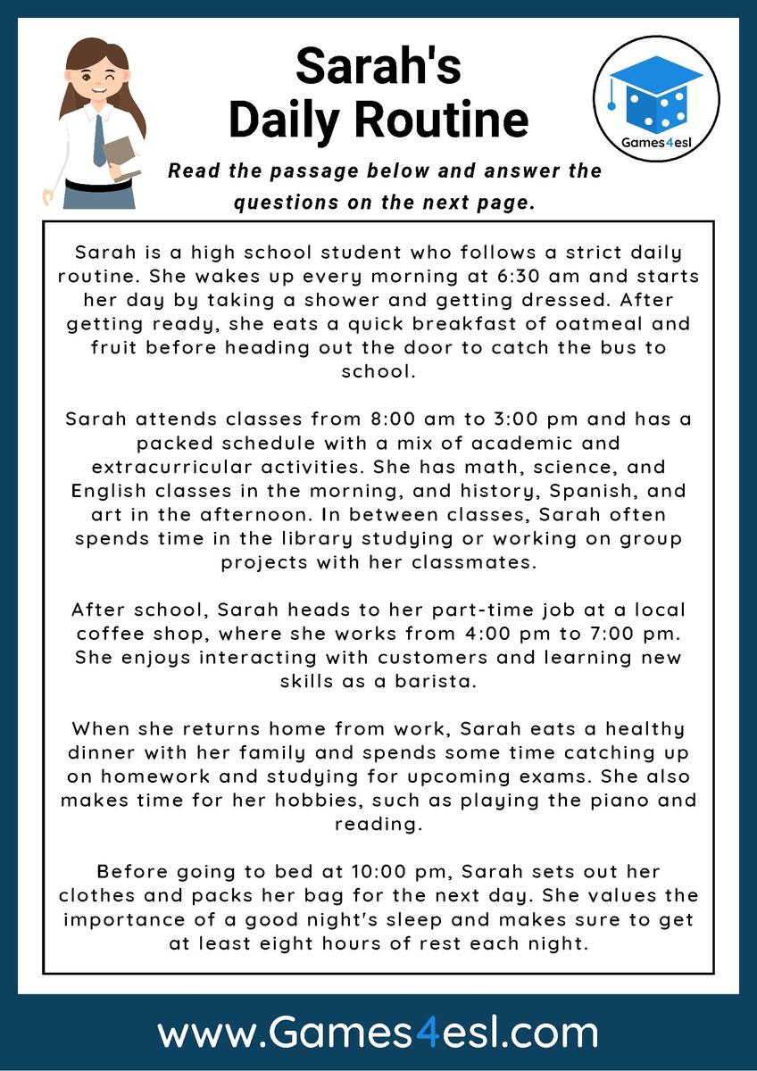 Daily Routine Reading Comprehension Worksheet Games4esl Daily Routine Reading Comprehension Worksheet Games4esl