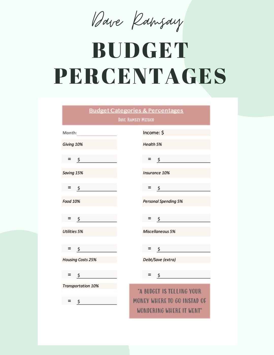 Dave Ramsey Budget Percentages Template Printable Pdf Download Dave Ramsey Ramsey Solutions Etsy Dave Ramsey Budget Forms Download Create Edit Fill And Print