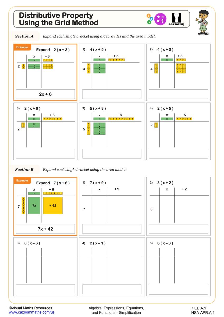 Distributive Property Using The Grid Method Worksheet PDF Printable Algebra Worksheet Cazoom Math Distributive Property Using The Grid Method Worksheet PDF Printable Algebra Worksheet Cazoom Math