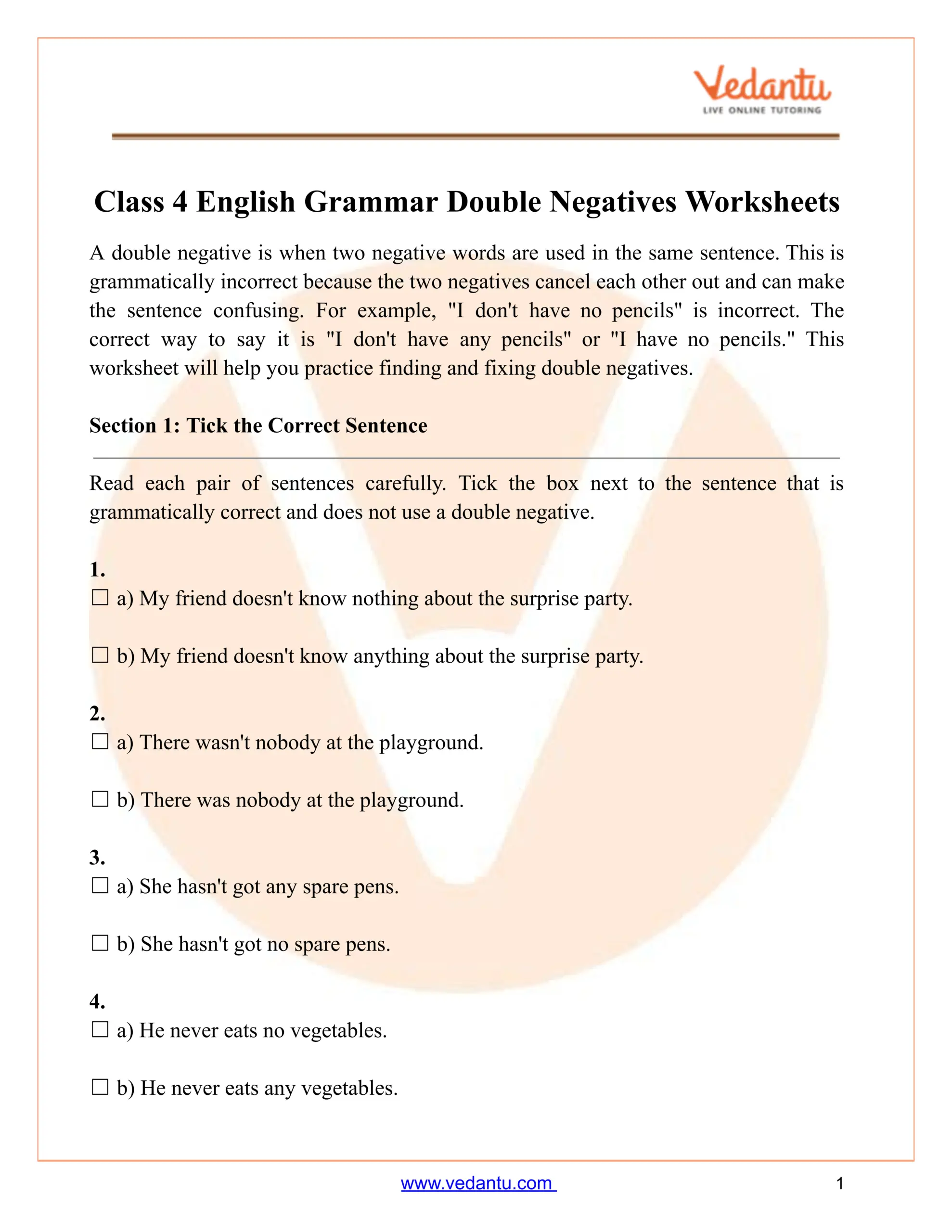Double Negatives Worksheet For Class 4 Free PDF Practice