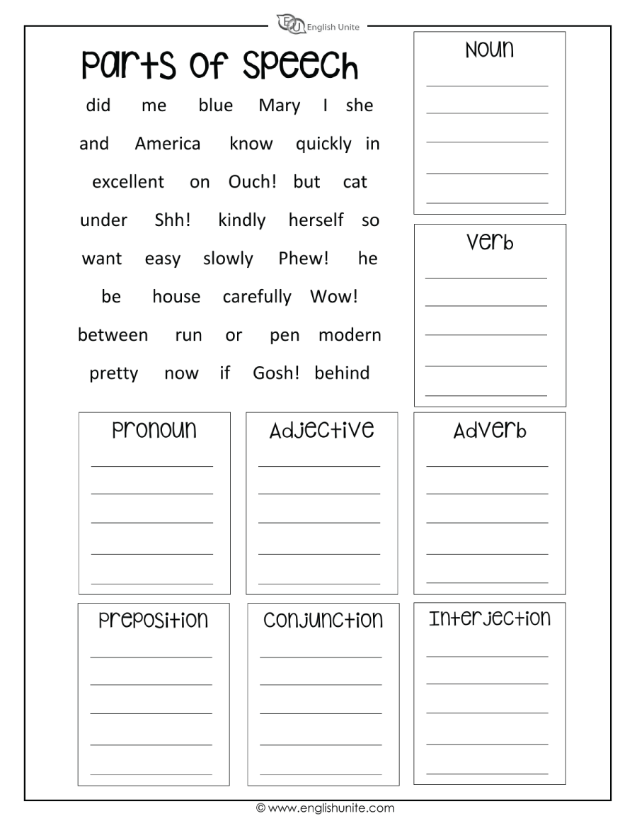 English Unite Parts Of Speech Worksheet Speech Parts Sorter Free Worksheet For Kids SKOOLGO