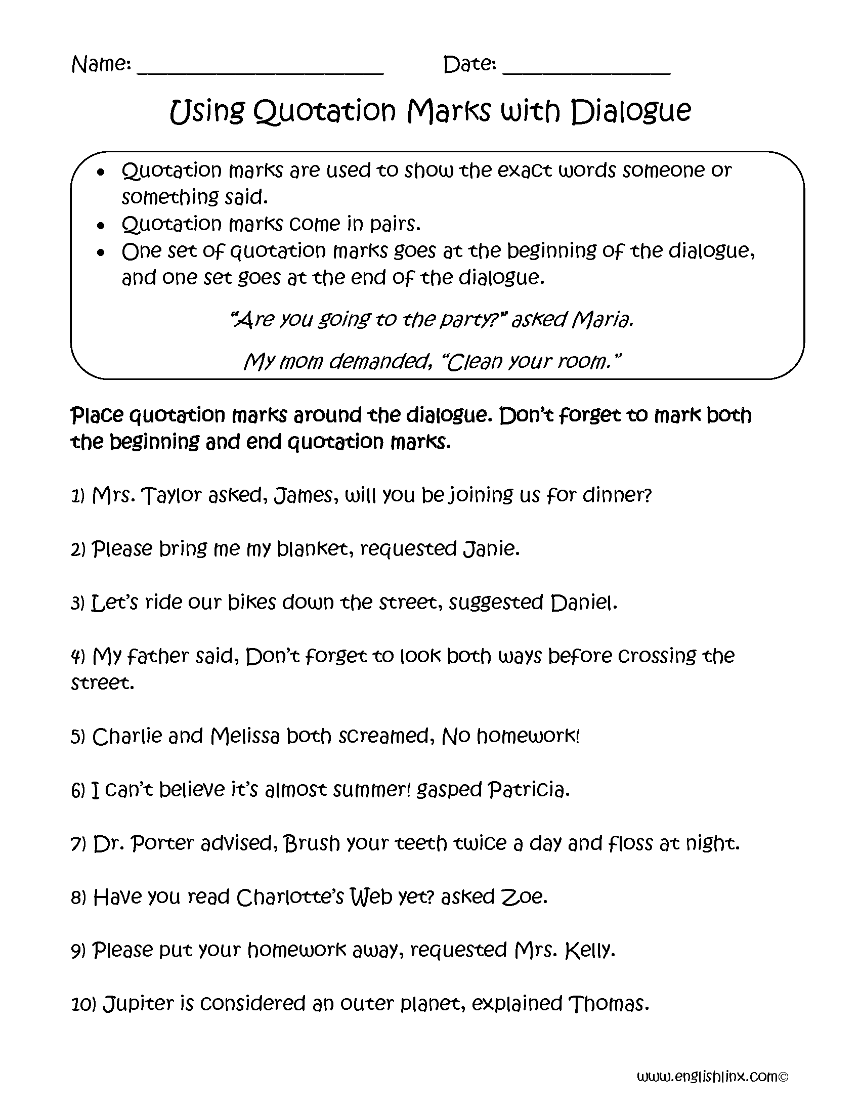 Grade 4 Quotation Mark Worksheet Worksheets Library