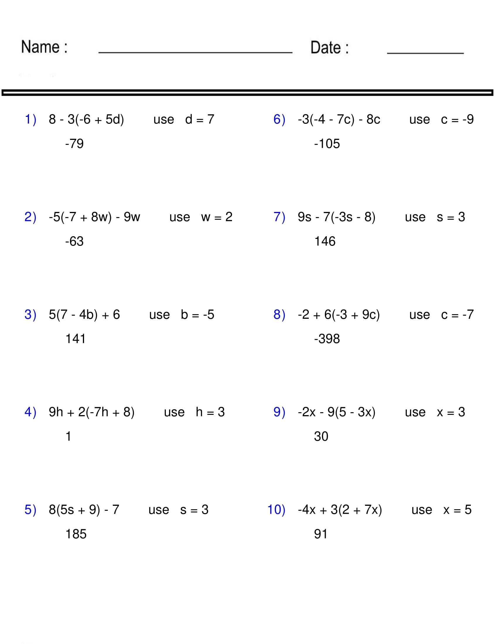 Evaluating Algebraic Expressions Worksheet One Variable Pre Algebra Made By Teachers Algebra Practice Worksheet Worksheets Worksheets